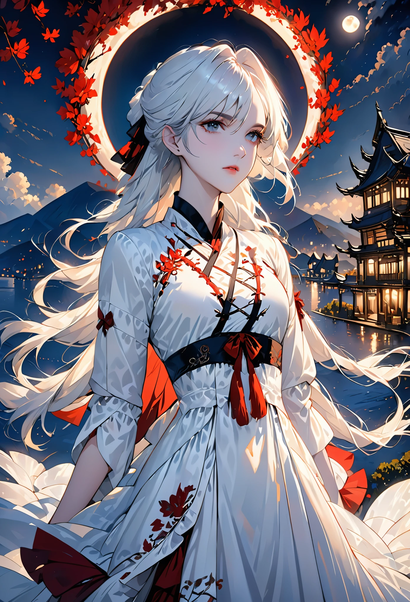 masterpiece, best quality, (alone focus), (perfect face:1.1), (high detail:1.1),dramatic, 1 person, (pale skin), long white hair, white eyes, alone, long hair, moon, night, white luxury suit, vampire, cover navel, Pouting, cover, victoria city, Detailed background, gothic renaissance, light,