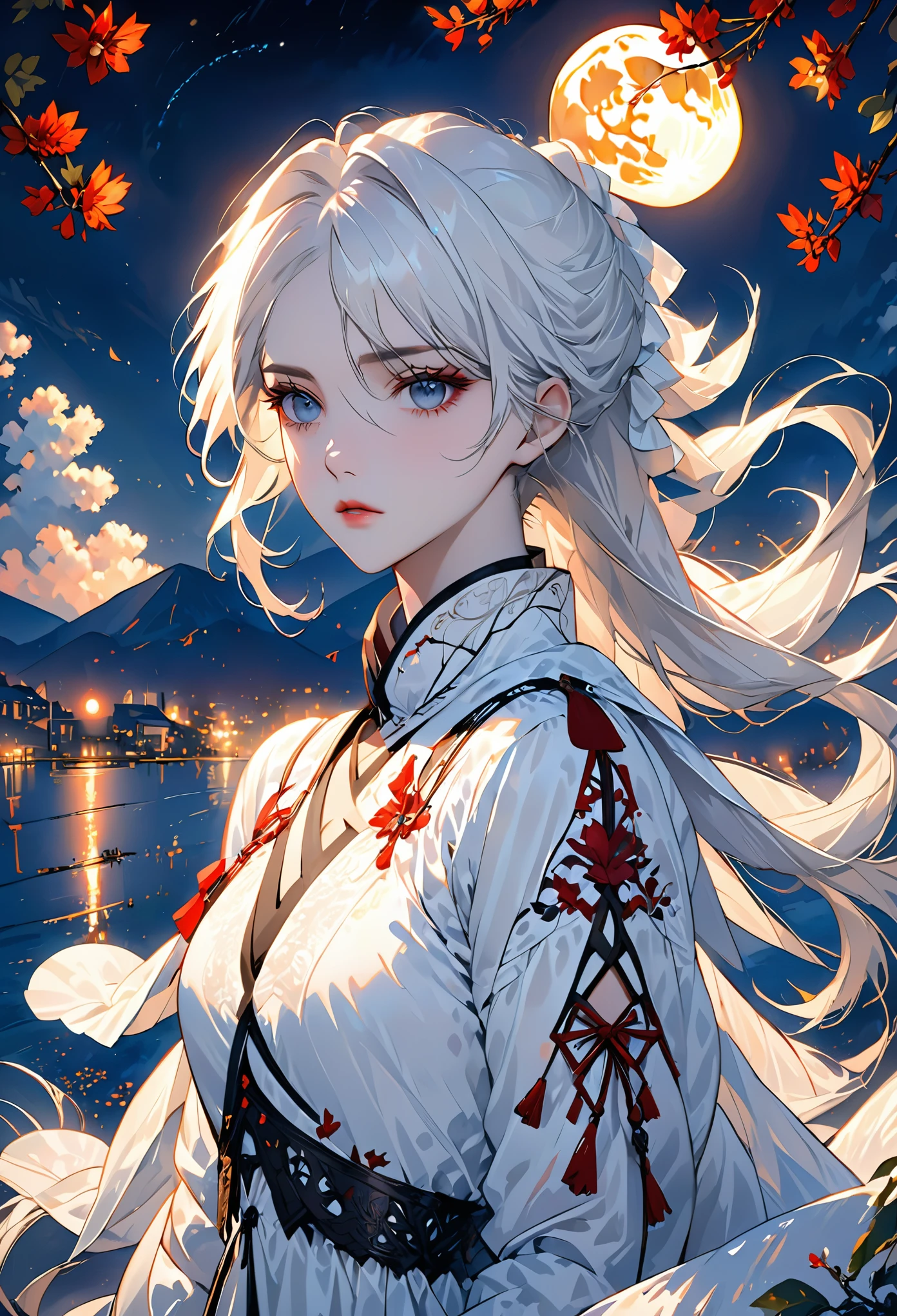 masterpiece, best quality, (alone focus), (perfect face:1.1), (high detail:1.1),dramatic, 1 person, (pale skin), long white hair, white eyes, alone, long hair, moon, night, white luxury suit, vampire, cover navel, Pouting, cover, victoria city, Detailed background, gothic renaissance, light,