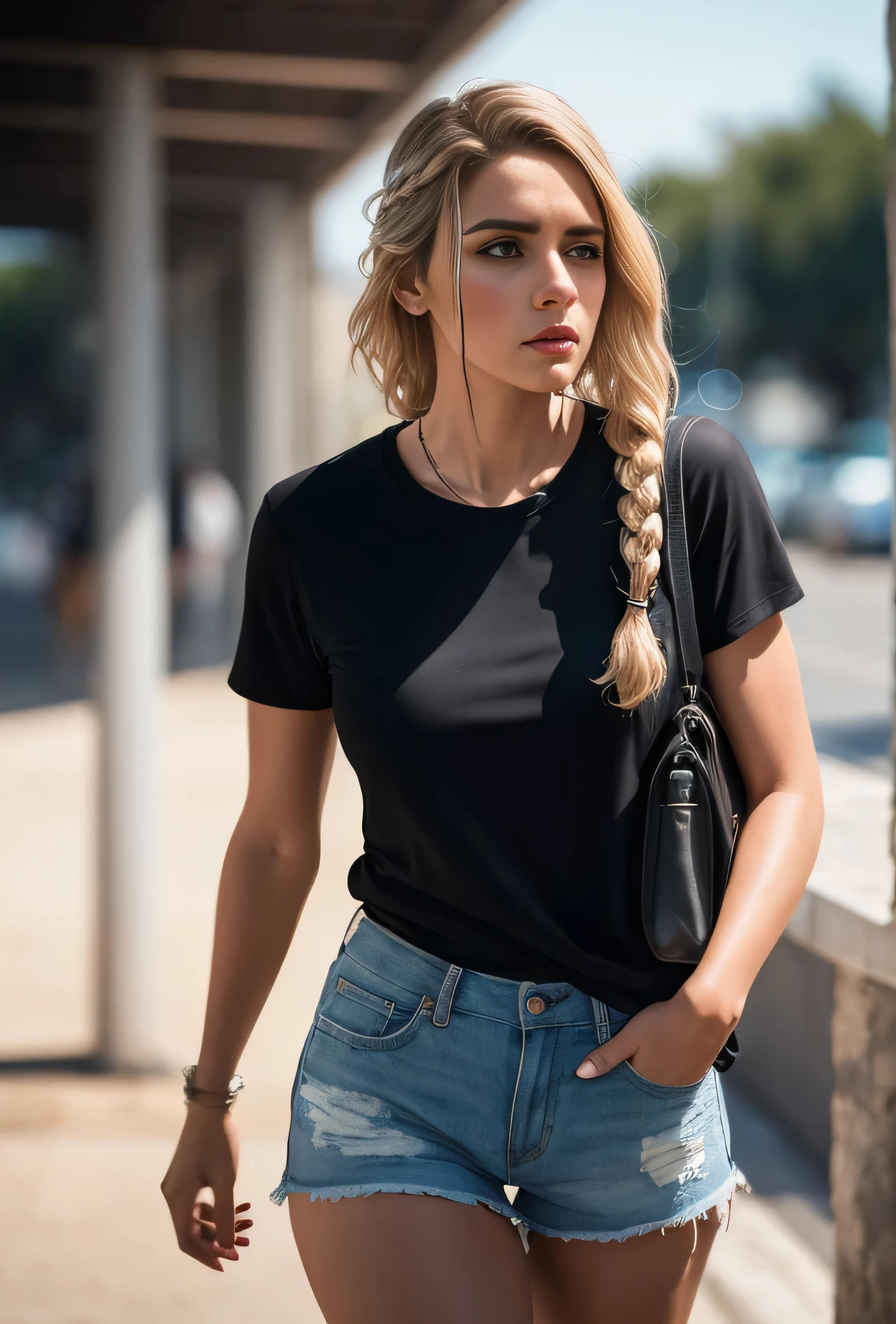 ((linda mulher de pele clara)), (cabelo (((liso))) tied in a braid on the side), with basic clothes ((camiseta longa e justa)), Camiseta com pequena marca, (shorts apertado,) (coxas a mostra) fotorrealista, fotografia, obra-prima, realista, Realismo, Rendering, Alto contraste, digital art photographyrealistic trend on Artstation 8k HD high definition detailed realistic, detalhado, textura da pele, hiper detalhado, Textura realista da pele, armadura, melhor qualidade, ultra-high resolution, (fotorrealista: 1.4), high resolution, detalhado, fotografia crua, re afiado, por lee jeffries nikon d850 filme stock photography 4 kodak portra 400 câmera lente f1.6 rich colors realistic texture hyper realistic dramatic lighting unrealengine trending on artstation cinestill 800, ......CRU