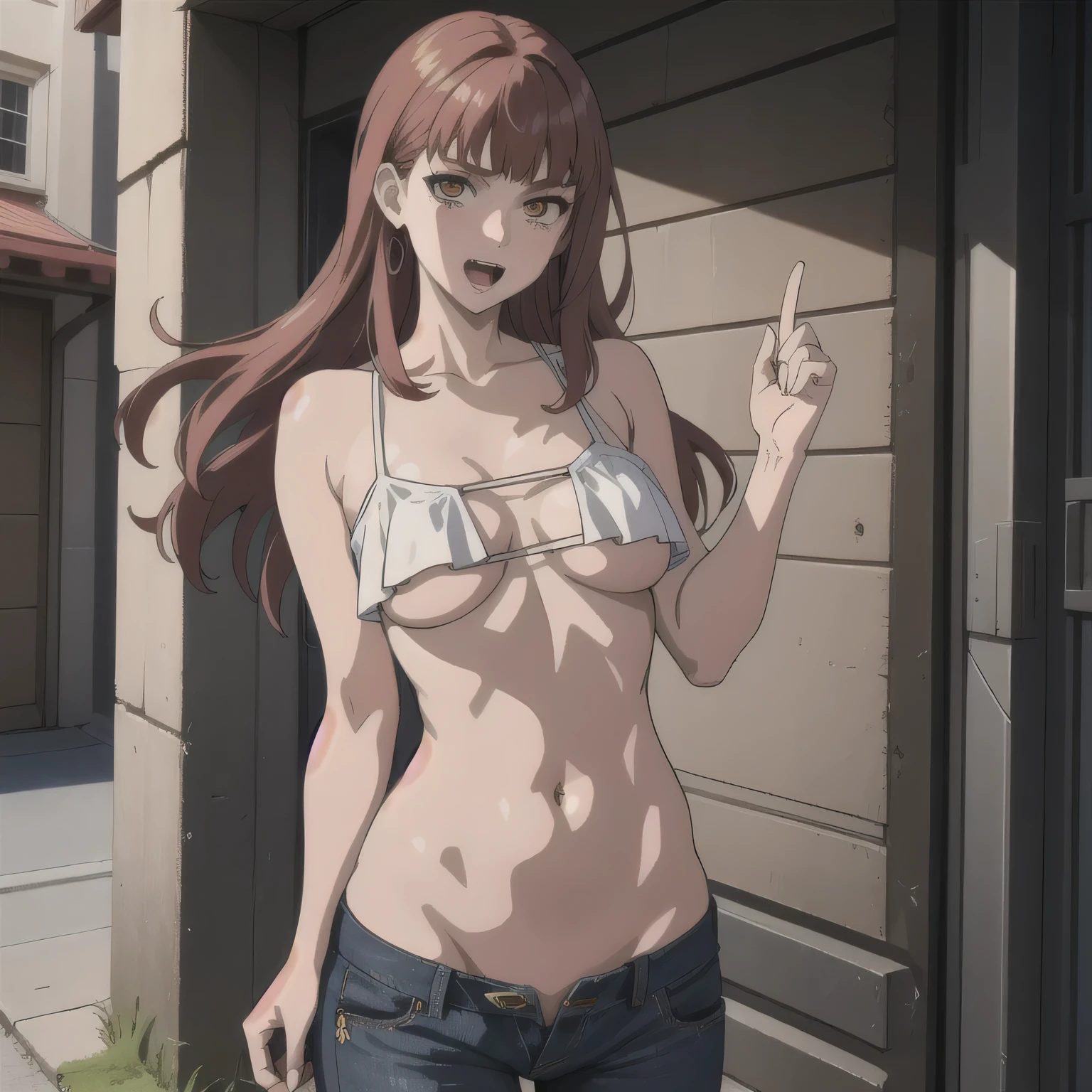 (anime:1.1), best quality, masterpiece,
2girl, long hair, medium breasts, mature woman, masterpiece,high quality,4k, bare shoulder,belly,crop top,outdoor,cleavage,jeans,casual
dress,street,road,smile, open mouth, (nsfw) not safe for work, holding a gun,handgun, evil expression,
exposed belly, exposed navel, exposed midriff, exposed lower belly, crop top overhang, underboob,
unbuttoned jeans , low rise black jeans, Low rise jeans, Low rise jeans with open fly, navel piercing