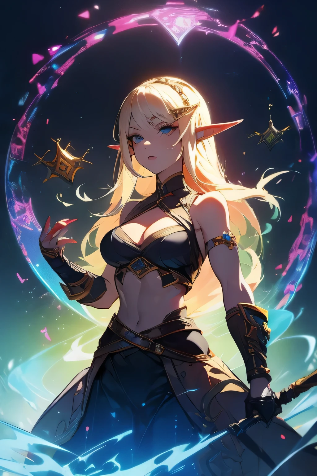 ((masterpiece, best quality)), (elf ears), female elf, female blonde elf with blue eyes casting a spell, stunning character art, character art, of a beautiful female elf, athletic body, muscular:1.4, Well trained: 1.4, abs: 1.4, epic exquisite character art, character art portrait, rossdraws 1. 0, high quality digital concept art, beautiful female warrior
