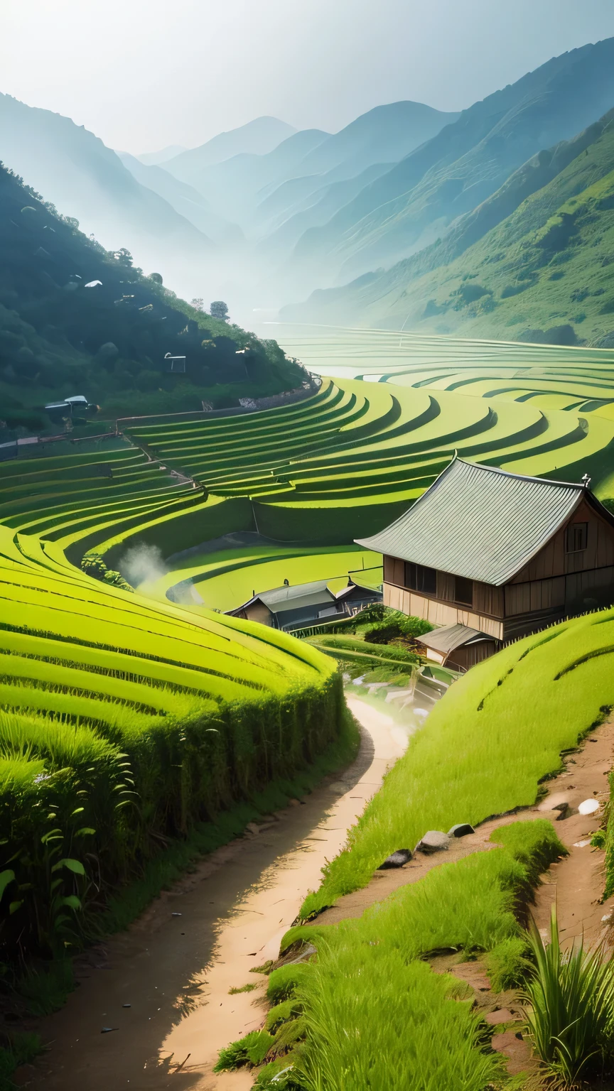 Large terraces, Mountain, hut, with paddy, paddy, Neat rice seedlings in the field, misty rain, village, agriculture, in peaceful scenery, misty weather, in vast tranquil landscapes, early morning, in the morning mist, 在一个小village后面, mist, Chinese countryside, Tile house--v 6