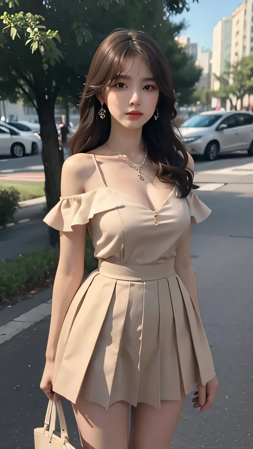 （（Jon，hair））， stand up， （Extremely exquisite and beautiful work）， （masterpiece）， 1 girl， Delicate pleated skirt，The shoulders are heavy，beautiful legs， Very detailed， 长白hair，Full body female love， charming微笑， beautiful and clear eyes， exquisite necklace， exquisite earrings， extremely detailed description， beautiful big breasts，delicate face， Fine clavicle，charming嘴唇， Behind Softnesix4，（8K， original photo， best quality， masterpiece：1.2）， （realistically， Real shot：1.4）， 1 girl， charming， The square after heavy rain，Physically based rendering， Full body female love