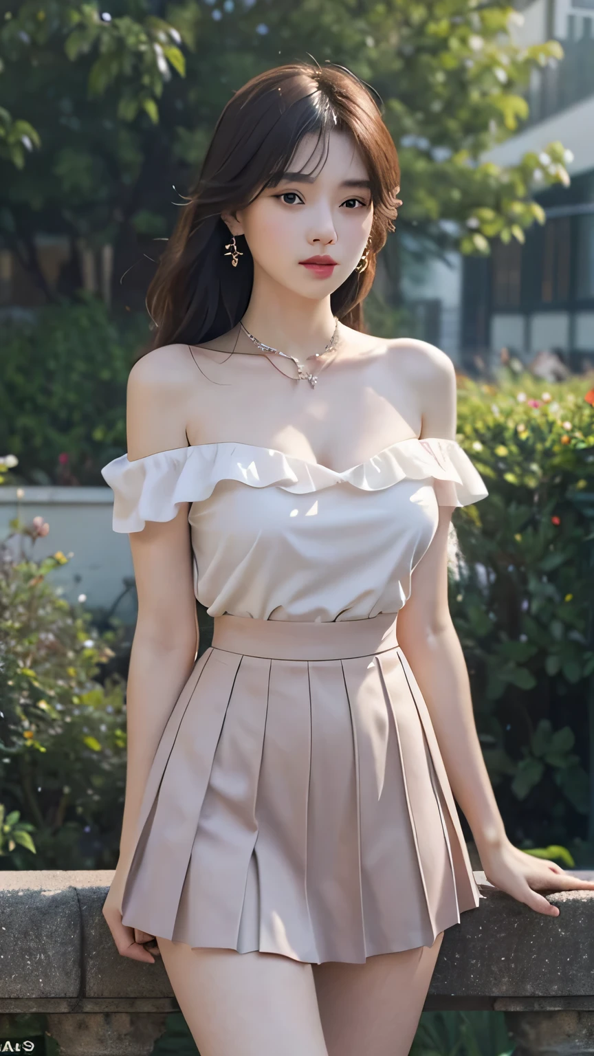 （（Jon，hair））， stand up， （Extremely exquisite and beautiful work）， （masterpiece）， 1 girl， Delicate pleated skirt，The shoulders are heavy，beautiful legs， Very detailed， 长白hair，Full body female love， charming微笑， beautiful and clear eyes， exquisite necklace， exquisite earrings， extremely detailed description， beautiful big breasts，delicate face， Fine clavicle，charming嘴唇， Behind Softnesix4，（8K， original photo， best quality， masterpiece：1.2）， （realistically， Real shot：1.4）， 1 girl， charming， The square after heavy rain，Physically based rendering， Full body female love