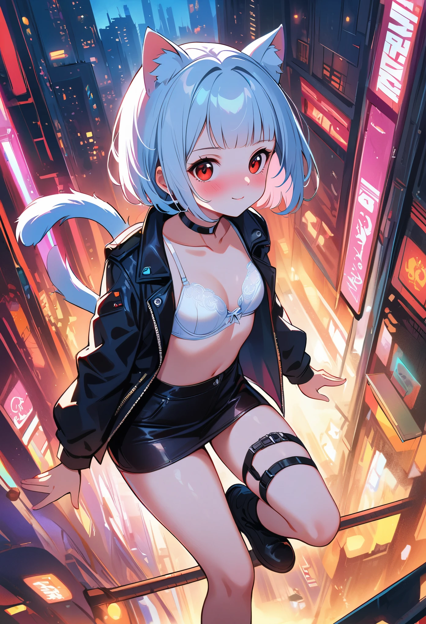 (masterpiece:1.3), (8K、best quality:1.4), (1 girl), (solo), (cute, little:1.5), (very cute face:1.5), (Symmetrical perfect face), ((whitish silver bob cut hairstyle)), bangs, hair is messy, (awesome cat ears:1.3), (awesome cat tail:1.3), (intense red eyes, strong eye highlights, beautiful eyelashes), (nose blush:1.3), (small natural breasts:1.2), (beautiful thighs), perfect anatomy, glowing skin, (high detail skin: 1.2), dynamic angle, (black leather jacket, Shirt with white text written on red fabric, black mini skirt), Finely crafted metal accessories, silver choker, Short black boots), ((detailed silk bra, panties)), ((accurate arm, five fingers, accurate legs)), black metal ornaments, (the asphalt is wet, Slipping and falling, fall on the road), (A big city where you can see the sunset at 6 p.m., red sunset clouds, it&#39;s raining), my body gets wet from the rain, (Decadent and futuristic urban area in the evening). (advanced future car, flashing red light)、(lightning is shining), (Flashing blue and purple neon tubes), (cyberpunk background, blade runner), volume lighting, soft light, bright, Bright colors