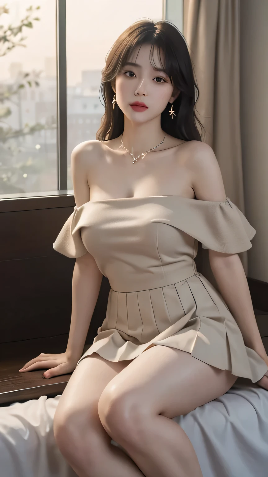 （（Jon，hair））， stand up， （Extremely exquisite and beautiful work）， （masterpiece）， 1 girl， Delicate pleated skirt，The shoulders are heavy，beautiful legs， Very detailed， 长白hair，Full body female love， charming微笑， beautiful and clear eyes， exquisite necklace， exquisite earrings， extremely detailed description， beautiful big breasts，delicate face， Fine clavicle，charming嘴唇， Behind Softnesix4，（8K， original photo， best quality， masterpiece：1.2）， （realistically， Real shot：1.4）， 1 girl， charming， The square after heavy rain，Physically based rendering， Full body female love