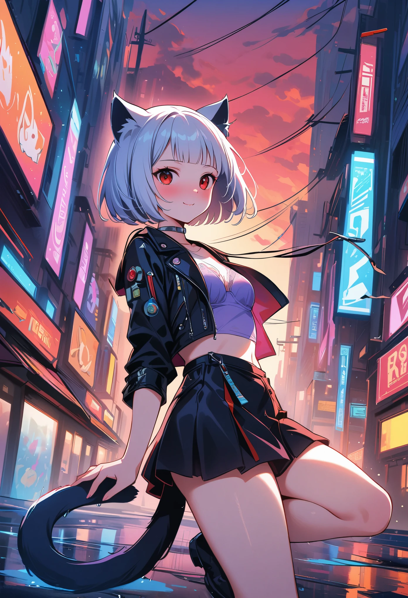 (masterpiece:1.3), (8K、best quality:1.4), (1 girl), (solo), (cute, little:1.5), (very cute face:1.5), (Symmetrical perfect face), ((whitish silver bob cut hairstyle)), bangs, hair is messy, (awesome cat ears:1.3), (awesome cat tail:1.3), (intense red eyes, strong eye highlights, beautiful eyelashes), (nose blush:1.3), (small natural breasts:1.2), (beautiful thighs), perfect ???????, glowing skin, (high detail skin: 1.2), dynamic angle, (black leather jacket, A purple shirt made of supple and thin fabric, black mini skirt), Finely crafted metal accessories, silver choker, Short black boots), ((detailed silk bra, panties)), ((accurate arm, five fingers, accurate legs)), black metal ornaments, (the asphalt is wet, Slipping and falling, fall on the road), (A big city where you can see the sunset at 6 p.m., red sunset clouds, it's raining), my body gets wet from the rain, (Decadent and futuristic urban area in the evening). (advanced future car, flashing red light)、(lightning is shining), (Flashing blue and purple neon tubes), (cyberpunk background, blade runner), volume lighting, soft light, bright, Bright colors