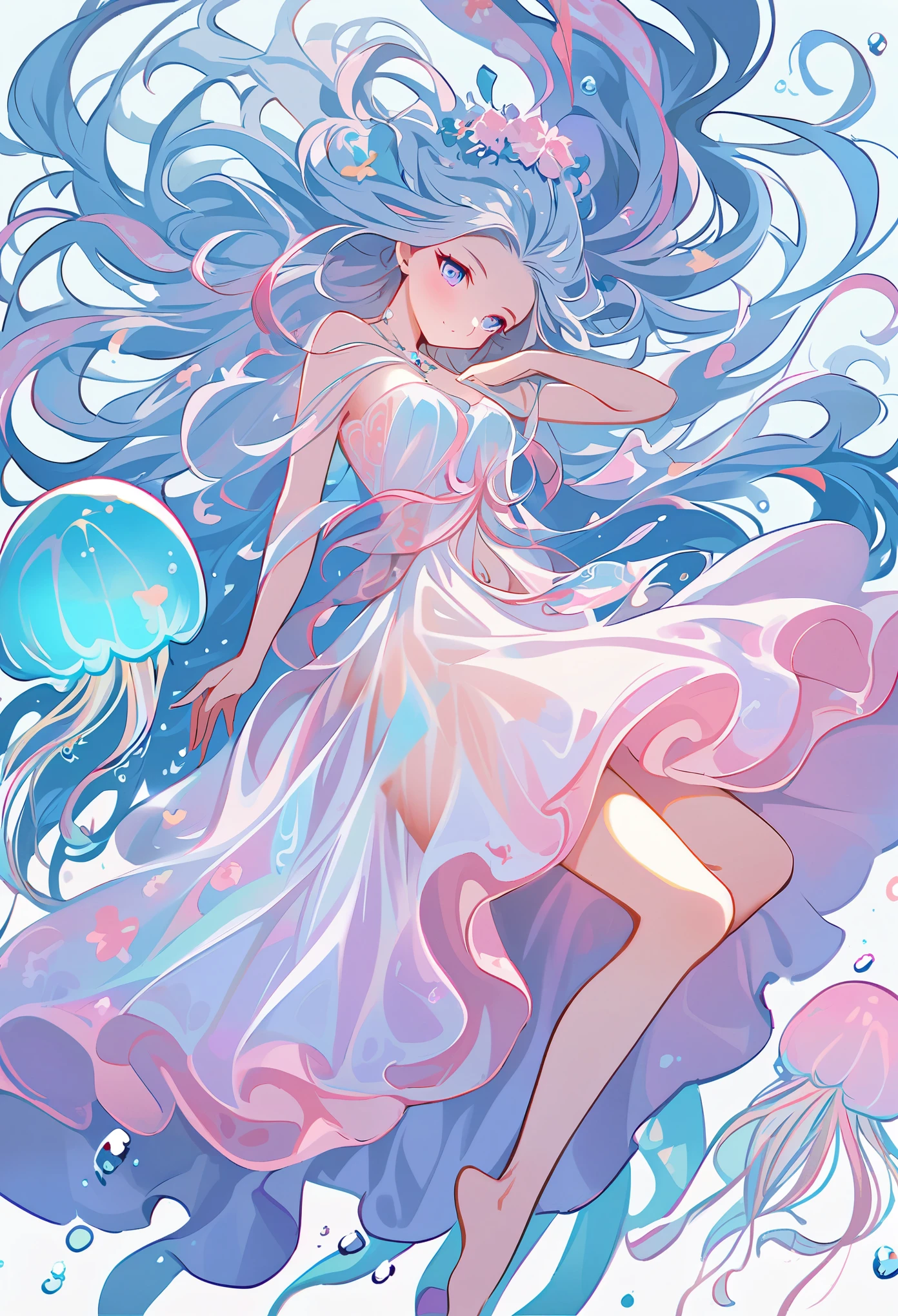 (girl with jellyfish motif:1.3), (flowing translucent dress:1.2), (luminous glow:1.3), (long wavy hair resembling tentacles:1.2), (delicate and graceful movements:1.3), (underwater ambiance:1.2), (floating effortlessly:1.2), (soft pastel colors:1.1), (ethereal beauty:1.3), (surrounded by small jellyfish:1.2), (gentle expression:1.1), (reflective eyes like deep sea:1.2), (barefoot with delicate feet:1.0), (ambient bubbles around:1.1), (mysterious aura:1.2), nsfw