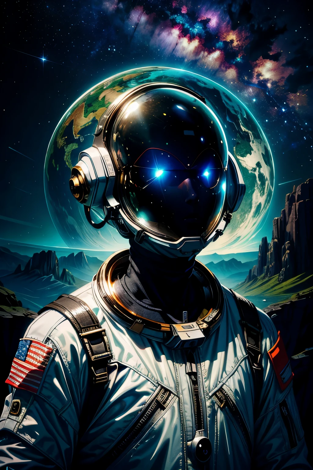 (Masterpiece, Sci-fi Illustration), Futuristic Astronaut, Metallic Portal, Prehistoric Landscape, Sleek Modern Spacesuit, Vibrant Colorful Glow, Stone Age Man, Animal Skins, Face Paint, Dim Light, Moment of Astonishment, Curiosity, Two Vastly Different Eras, (High Quality, 1 astronaut, 1 Stone Age man), Captivating Scene, Advanced Technology Meets Ancient Civilization, (NASA Logo on Spacesuit: 0.5), (Metallic Reflections on Spacesuit: 1.0), (Detailed Astronaut Face: