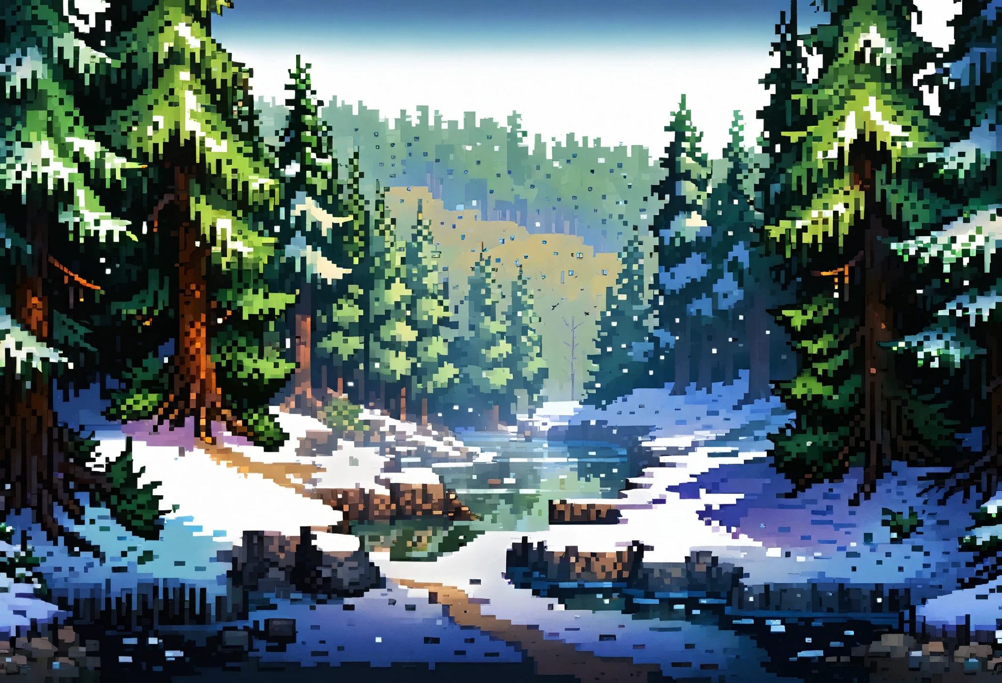 sharp pixels, little pixels, gibli, nature scape, landscape, high resolution, tall pine trees, spring, high contrast, bright day, a little snow, birds on the backgroud, park, pixel art, Ghibli-like colours, letterboxed, 16k, 8k, highres, high details, high quality, award winning, ccurate, masterpiece, UHD