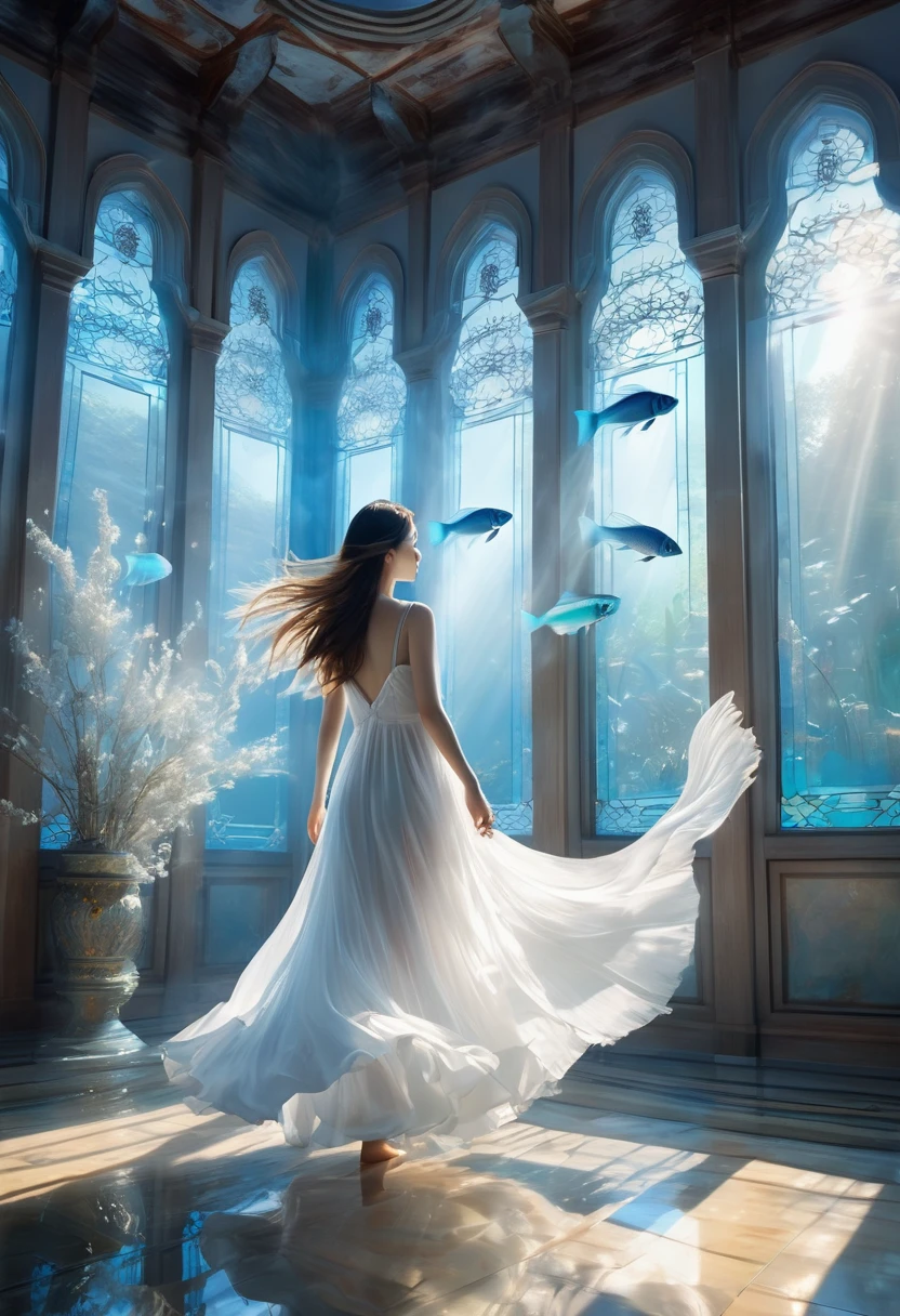 light blue and white details，如同奇幻surreal夢境，Take us into forgotten time and space。The exquisite bell tower stands amid the spectacular scenery，Shining with the magic of fusion。This is a stunning picture，it&#39;just like us&#39;In a mysterious world。pure white room，filled with clear water，Bright sunlight shines into the room，Project iridescent water lantern，twilight ray，A barefoot girl in white pajamas with her back to the camera，There is a huge pure white transparent betta fish:1.2，Large fins spread into smoke.Their colors and gestures add a fair touch to nature. super detailed.,clear pattern,fair,artwork,masterpiece,Carefully crafted by masters，lifelike、Highly detailed digital art，fantasy art behavior，surreal