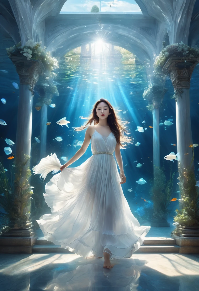 light blue and white details，如同奇幻surreal夢境，Take us into forgotten time and space。The exquisite bell tower stands amid the spectacular scenery，Shining with the magic of fusion。This is a stunning picture，it&#39;just like us&#39;In a mysterious world。pure white room，filled with clear water，Bright sunlight shines into the room，Project iridescent water lantern，twilight ray，A barefoot girl in white pajamas with her back to the camera，There is a huge pure white transparent betta fish:1.2，Large fins spread into smoke.Their colors and gestures add a fair touch to nature. super detailed.,clear pattern,fair,artwork,masterpiece,Carefully crafted by masters，lifelike、Highly detailed digital art，fantasy art behavior，surreal