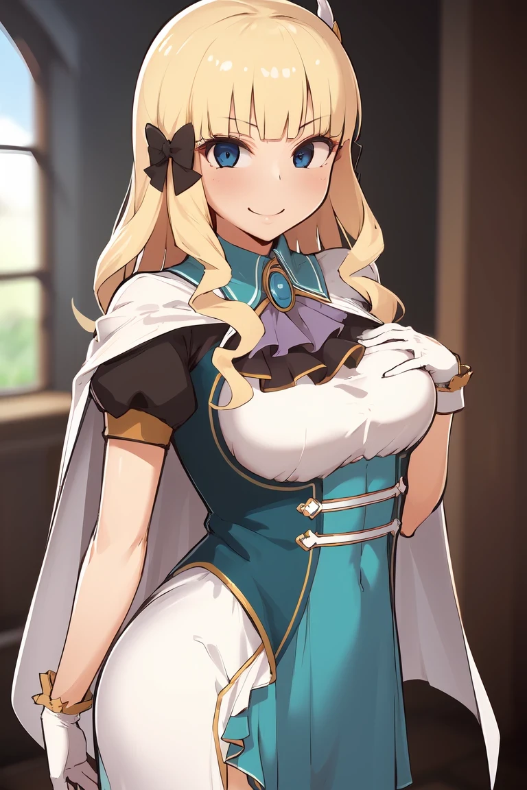 (masterpiece, best quality:1.2), cowboy shot, solo, 1girl, pcsaren, smile, looking at viewer, hand on own chest, hair bow, hair ornament, dress, short sleeves, cape, white gloves