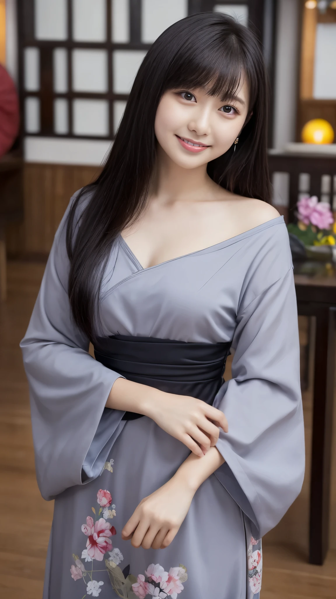 masterpiece, highest quality, 1 girl, alone, long hair, looking at the viewer, smile, bangs, hair ornaments, red eyes, long sleeve, dress, Are standing, clavicle, gray hair, gray hair, alternative costume, wide sleeve, wood, Chinese service, hairpin, Hanfu, Ningguang City (genshin impact), Ningguang City,