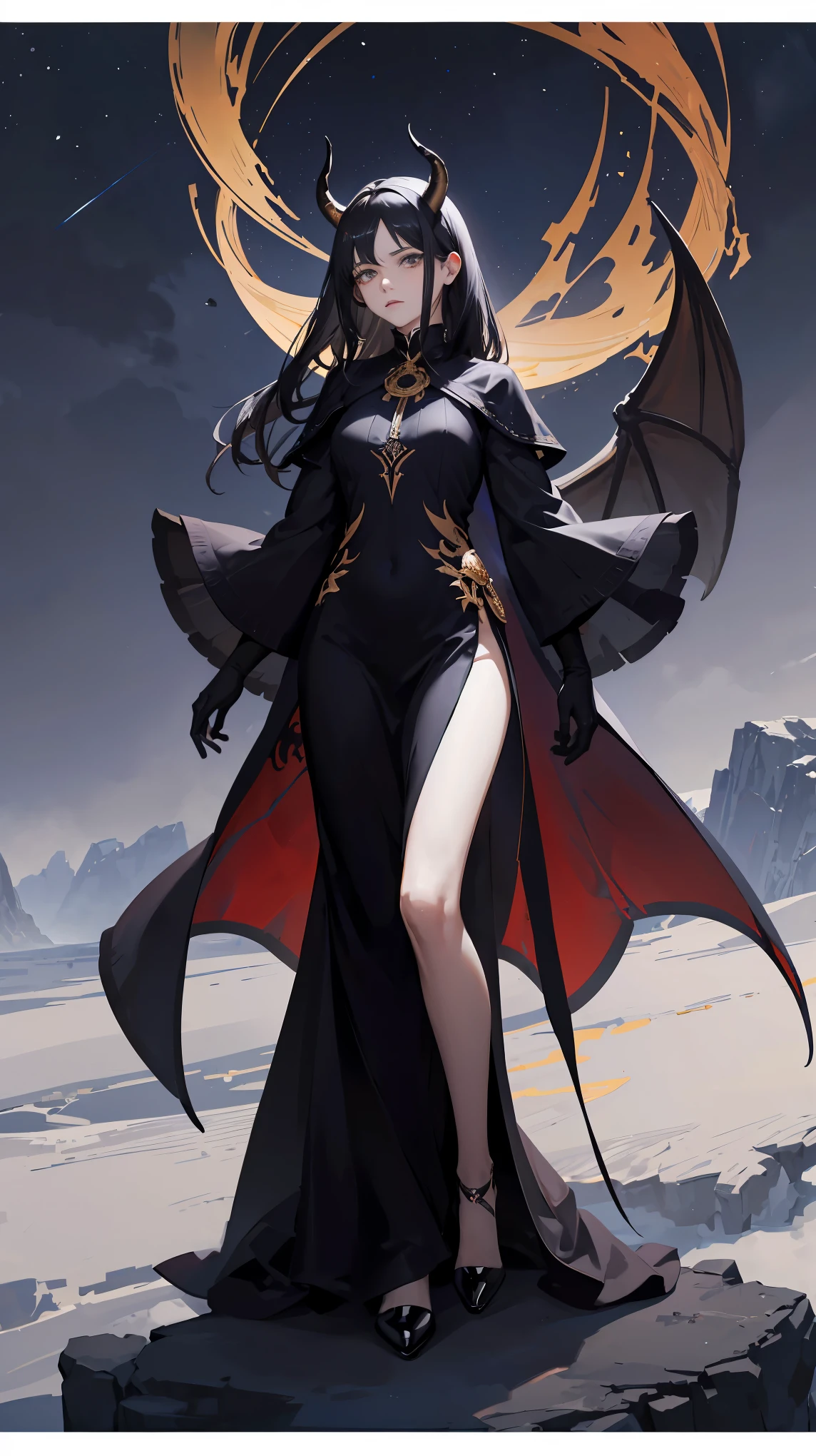 Seven Rhaeyar (Deylta), Ancient Star goddess, Perfect female anatomy (Adult Female, 166cm in height, pale skin, slim, slender, 34D breast size, Gray colored eyes, Long Straight Black Hair, Beauty Mark Mole on right cheek bone, a set of black horns on her head), Neutral facial expression, Elegant white dress with black bow tie, blue coat knee length, dragon motifs, gold and rope accessories, View of the open night sky with only clouds, receiving light from the front, Ethereal glow