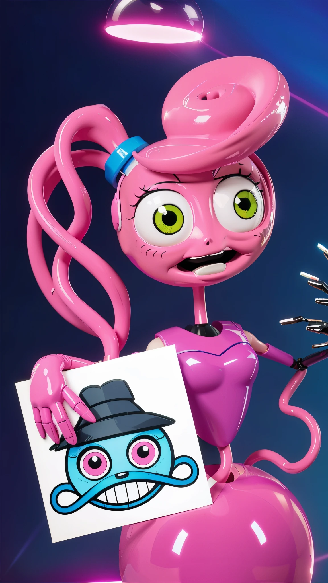 cartoon character holding a sign with a pink face, looks like an alien, Pink cult character, humanoid pink female squid girl, candypunk style character design, stylized digital illustration, character close up, art in the style of Joshi Sly, Tintoy robot with character design, digital painting cartoon, cartoon key frame rendering, iconic character with high detail, stylized character design, Kenny Scharf