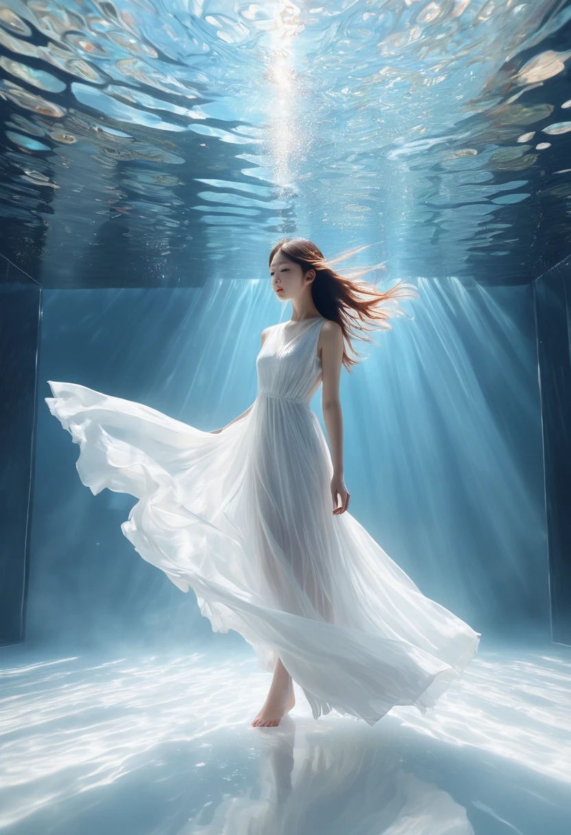 light blue and white details，Like a fantasy and surreal dream，Take us into forgotten time and space。a pure white room，full of clear water，The bright sunshine shines in the room，Projects Iridescent water light，Crepuscular Ray，A barefoot girl in a white gauze dress dances towards the camera，There is a huge pure white transparent betta fish:1.2，Large fins spread into smoke.Their colors and gestures add a beautiful touch to nature. super detailed.,clear pattern,beautiful,artwork,masterpiece,Realistically crafted by masters、Highly detailed digital art，fantasy art behavior，In a surreal and spectacular scene，Shining with the magic of fusion。This is a stunning picture，It&#39;s like we&#39;re in a mysterious world。