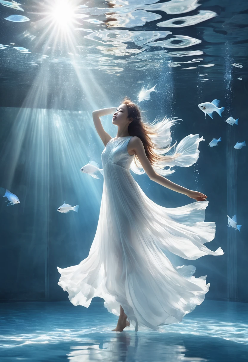 light blue and white details，Like a fantasy and surreal dream，Take us into forgotten time and space。a pure white room，full of clear water，The bright sunshine shines in the room，Projects Iridescent water light，Crepuscular Ray，A barefoot girl in a white gauze dress dances towards the camera，There is a huge pure white transparent betta fish:1.2，Large fins spread into smoke.Their colors and gestures add a beautiful touch to nature. super detailed.,clear pattern,beautiful,artwork,masterpiece,Realistically crafted by masters、Highly detailed digital art，fantasy art behavior，In a surreal and spectacular scene，Shining with the magic of fusion。This is a stunning picture，It&#39;s like we&#39;re in a mysterious world。