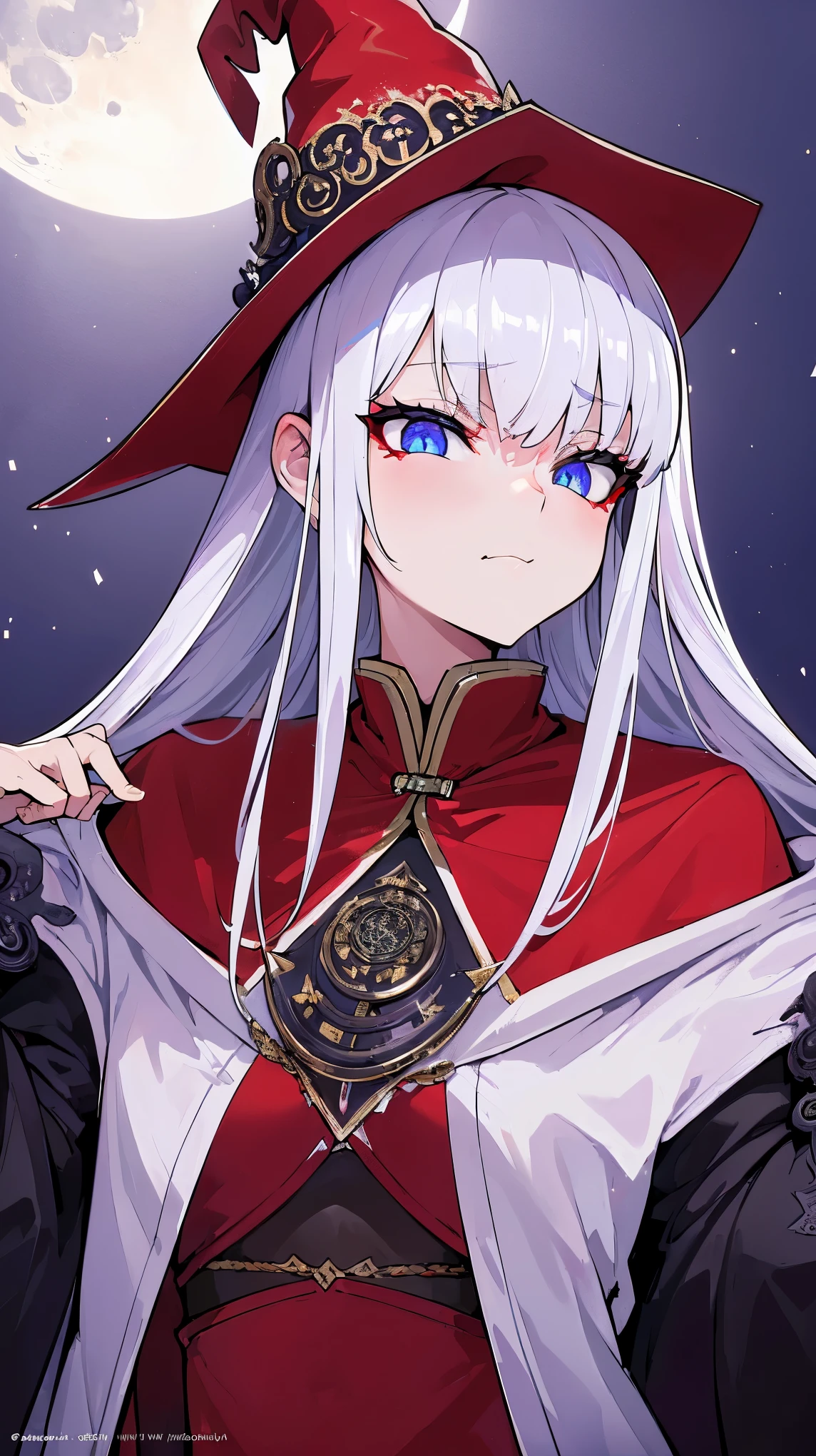 (extremely detailed 8K wallpaper),(ultra-detailed),(best quality),(masterpiece),(highly detailed),(cinematic lighting),(Original),Cold ligh，moody,(Chinese elaborate-style painting ),ink style,32K depth of field,1girl,(loli),solo,((beautiful girl)),((busts)),(villain image),(long white hair),(red clothes),(witch),(evil),(((Eyes sparkling in the moonlight)))