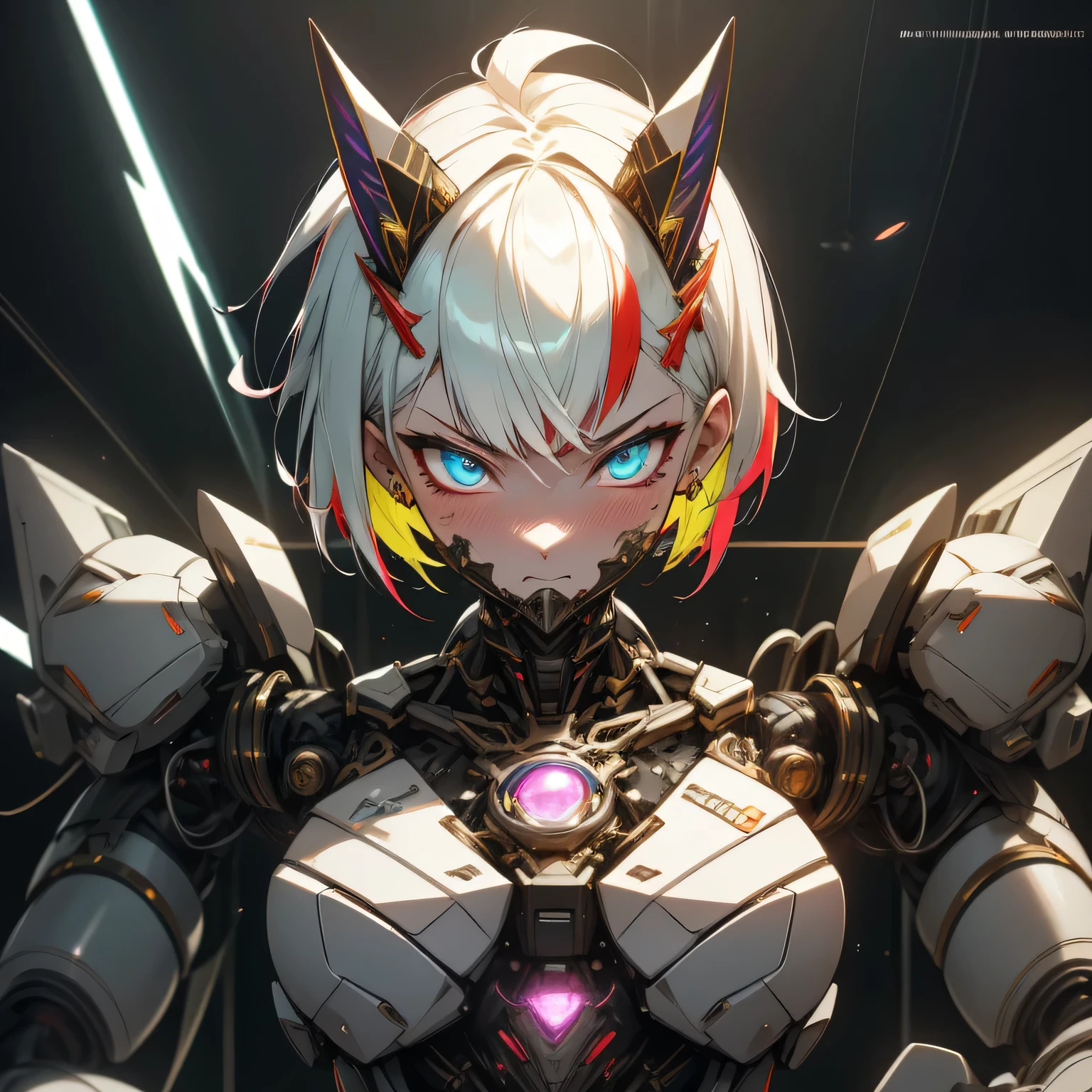 Masterpiece Anime Robot beutiful water skin dragon cat girl magic, aesthetic_eyes, detailed eyes, demon horn, mask, glowing, random short hair, multicolored hair, body detailed, random very angry face, detailed face, Saenyo Ancalagon Anthropomorphic majestic Guardian | Portrait | finely detailed Ice and Cyan armor | cinematic lighting | intricate filigree metal design | 8k | unreal engine | octane render | aesthetic_eyes, detailed eyes, body detailed, ahegao, detailed face, highly detailed, fantasy background, blush, cat_ears_earrings hair_ornament highres jewelry triple_earring, detailed all, solo, fightning stance, magic circle, electrification, lightning effect, ray tracing, detailed all, show your ability A.I, 4K Ultra HD. . add fullface mask, mouth and nose covered by mask, glowing eyes particle glowing, 4K Wallpaper, robot female,