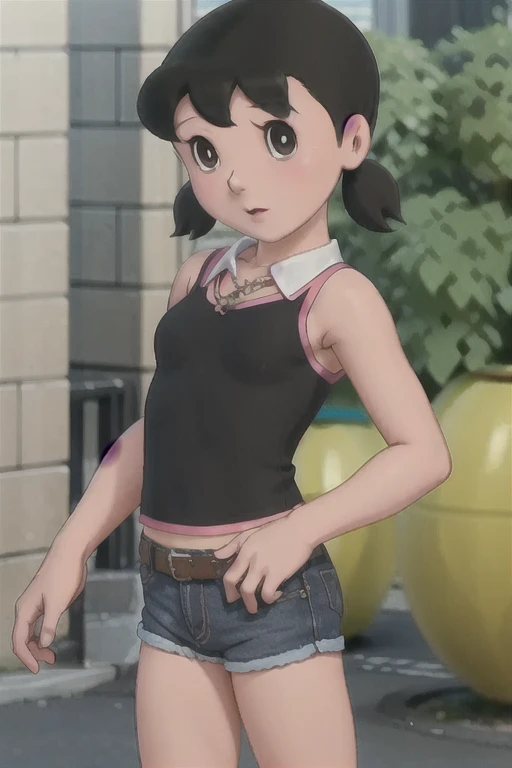 ((medium breast, tomboy girls, small head)), daylight, sunlight, (chiseled abs : 1.1), (perfect body : 1.1), (short wavy hair : 1.2) , auburn hair, collar, chain, full body shot, crowded street, wearing black tanktop, jeans jacket, ((shorts)), (extremely detailed CG 8k wallpaper), (an extremely delicate and beautiful), (masterpiece), (best quality:1.0), (ultra highres:1.0),  beautiful lighting ,perfect lightning, realistic shadows, [highres], detailed skin, ultra-detailed ,shizuka,hot