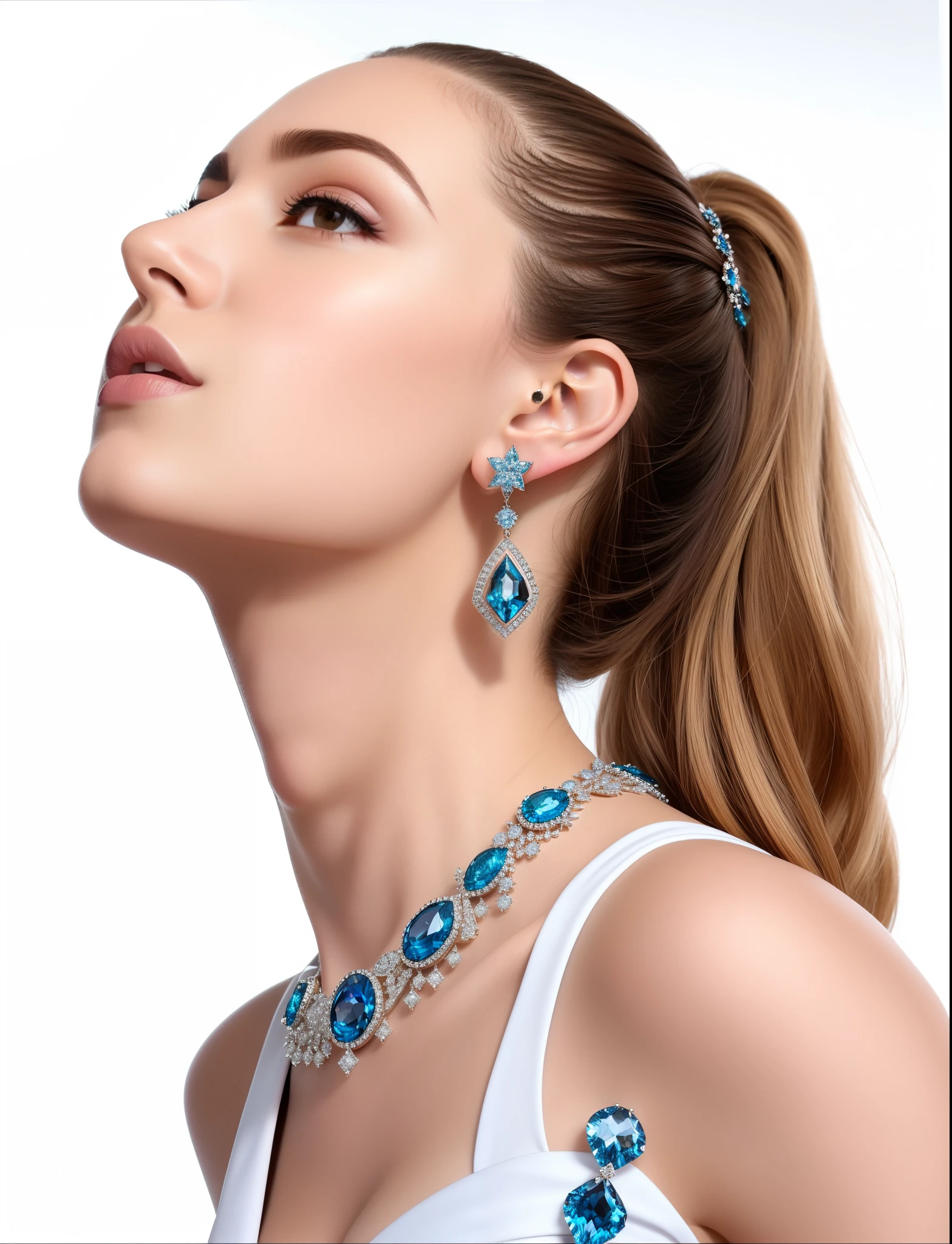 mulher arafada com um colar azul e brincos olhando para cima, joias azuis, estilo chaumet, Sofia Turner, chaumet, Swarovski, Joias Bvlgari, imagem editorial, jewelry, Van Cleef & estilo arpels, sansa, Sofia Turner girl, por Derek Zabrocki, adornos azuis, Swarovski style