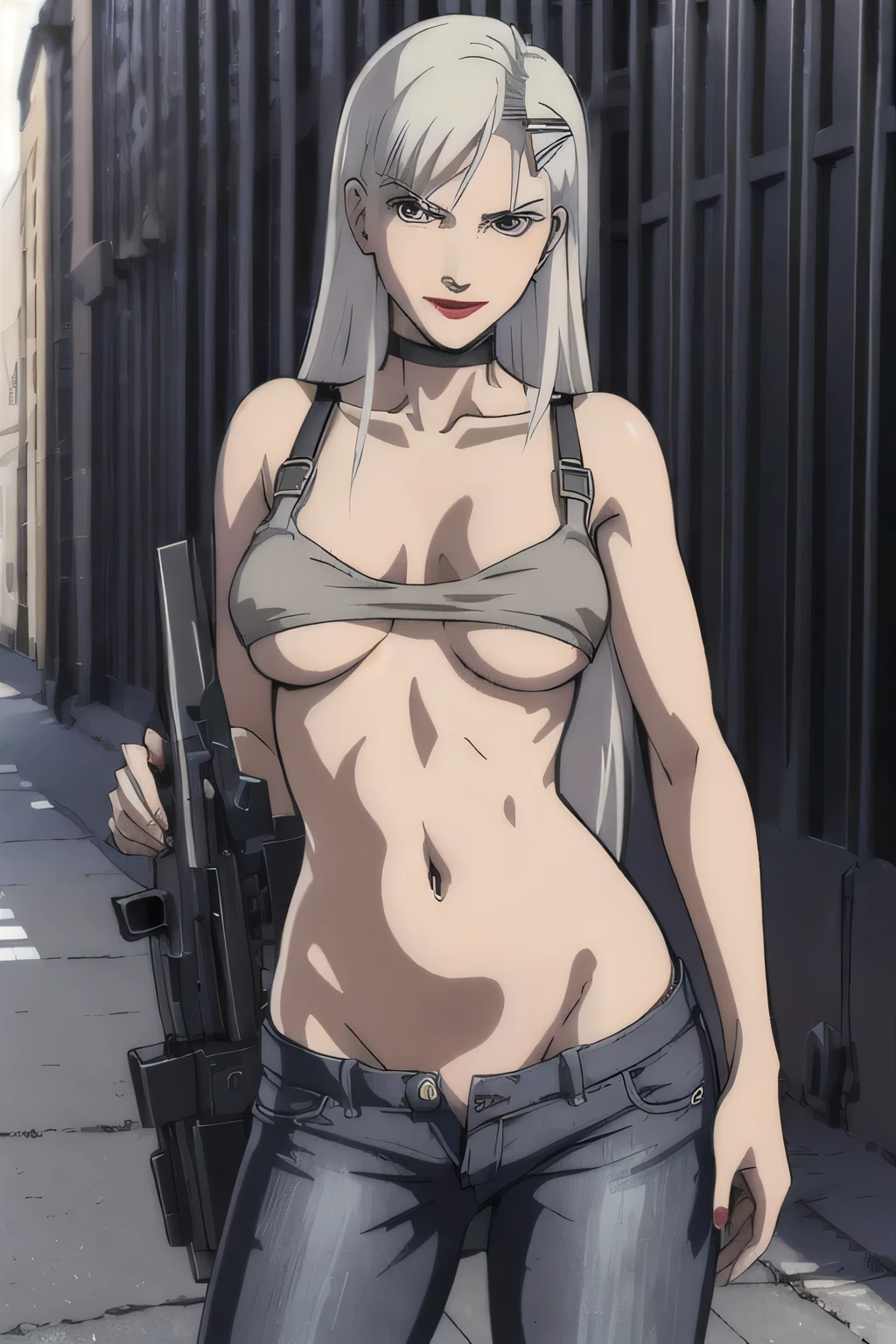NoraPolyansky,1girl, black hair, long hair
hairclip,grey eyes,red lips,
masterpiece,high quality,4k, bare shoulder,belly,crop top,outdoor,cleavage,jeans,casual
dress,street,road,smile, open mouth, (nsfw) not safe for work, holding a gun,handgun, evil expression,
exposed belly, exposed navel, exposed midriff, exposed lower belly, crop top overhang, underboob,
unbuttoned jeans , low rise black jeans, Low rise jeans, Low rise jeans with open fly,
