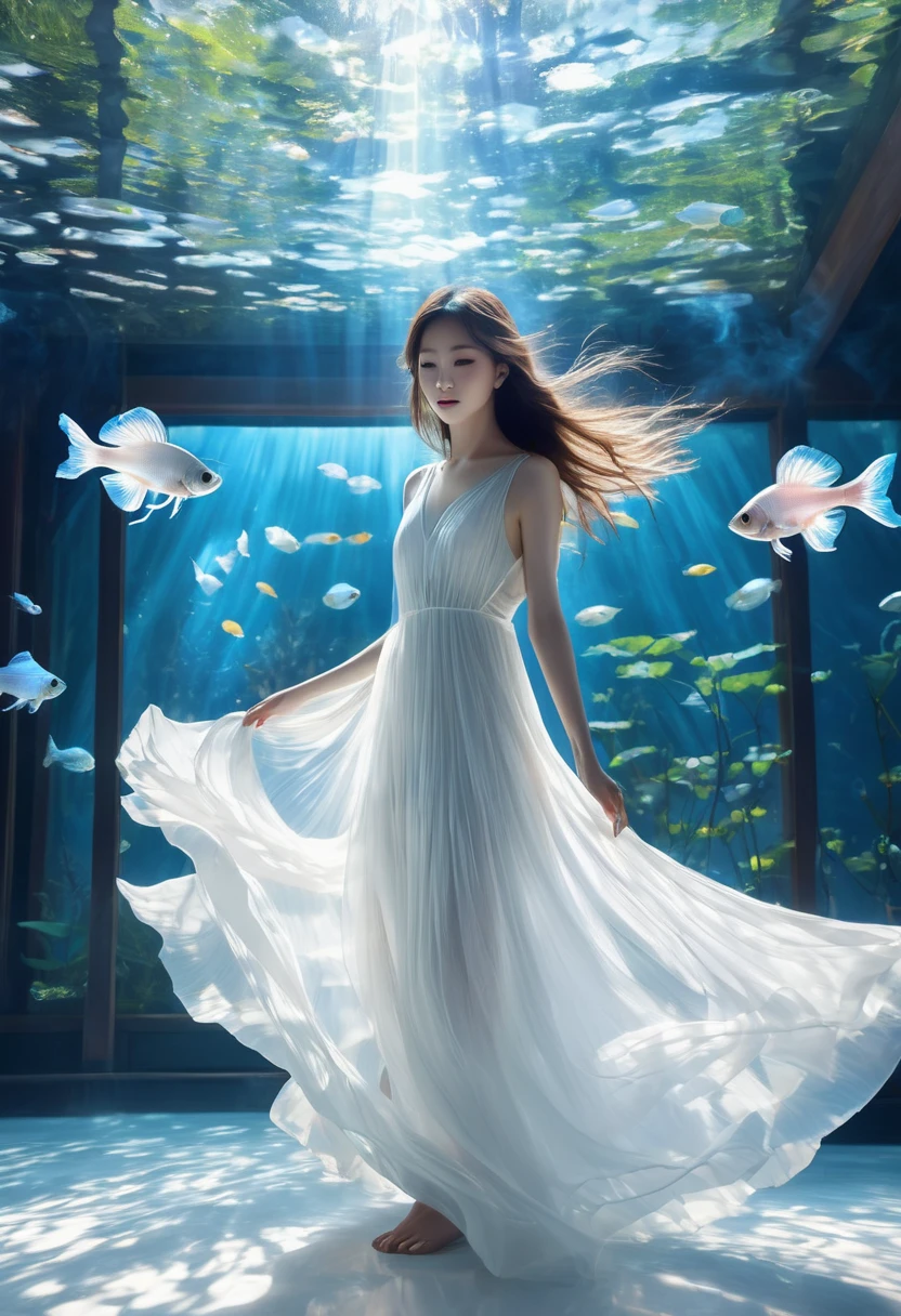 light blue and white details，如同奇幻surreal夢境，Take us into forgotten time and space。The exquisite bell tower stands amid the spectacular scenery，Shining with the magic of fusion。This is a stunning picture，it&#39;just like us&#39;In a mysterious world。pure white room，filled with clear water，Bright sunlight shines into the room，Project iridescent water lantern，twilight ray，A barefoot girl in white pajamas with her back to the camera，There is a huge pure white transparent betta fish:1.2，Large fins spread into smoke.Their colors and gestures add a fair touch to nature. super detailed.,clear pattern,fair,artwork,masterpiece,Carefully crafted by masters，lifelike、Highly detailed digital art，fantasy art behavior，surreal