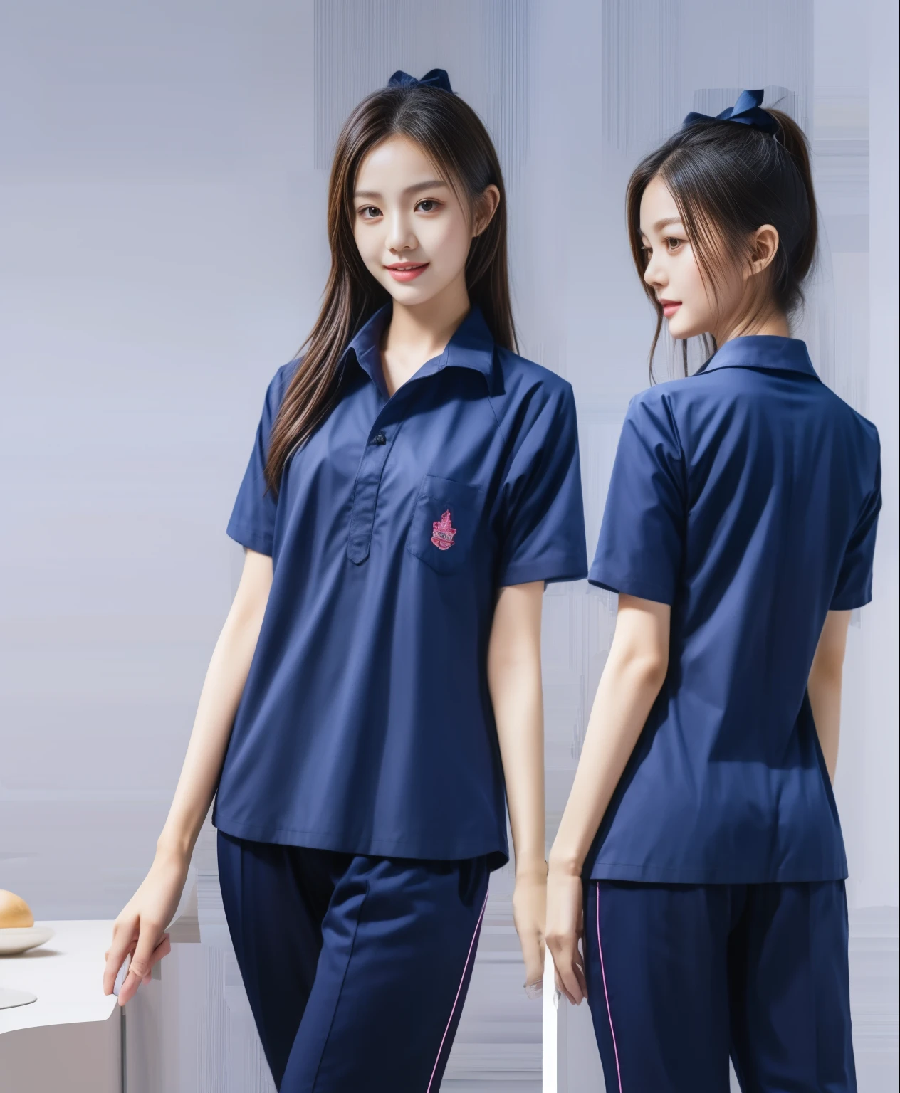 (best quality,10,10,height,Masterpiece:1.2),Special details,(realistic,ภาพrealistic,Realistic photos:1.37),1 Cute girl in the kitchen,shiny, ผิวshiny,only,smile softly,BDclothelue shirt:1.3)),short sleeve,shirt, กางเกงขาlong.,(navy_long_track pants:1.1), ((Kitchen Background)),Dynamic angle,excited,Face focus,dynamic poses,from behind,focus on ass,Masterpiece, best quality, ultra realistic, Too many details, 8k resolution, raw photos, Sharp focus, ((Navy blue shirt:1.1)), short sleeve, เส้นทางlong, perfect body, 2 mature women, 18 years old, Cinema-grade lighting system,blue sweatpants,shirtผ้าออกกำลังกาย,correct anatomy,perfect body, correct body, Sharp face, correct bodyทางกายวิภาค, full body, realistic gestures, long-haired, realistic poses,Wear long shorts...........................,ช่วงขาlong,Good shape,carved girl, Slender figure, model, Good shape, beautiful body,blue sweatpants, two girls kissing