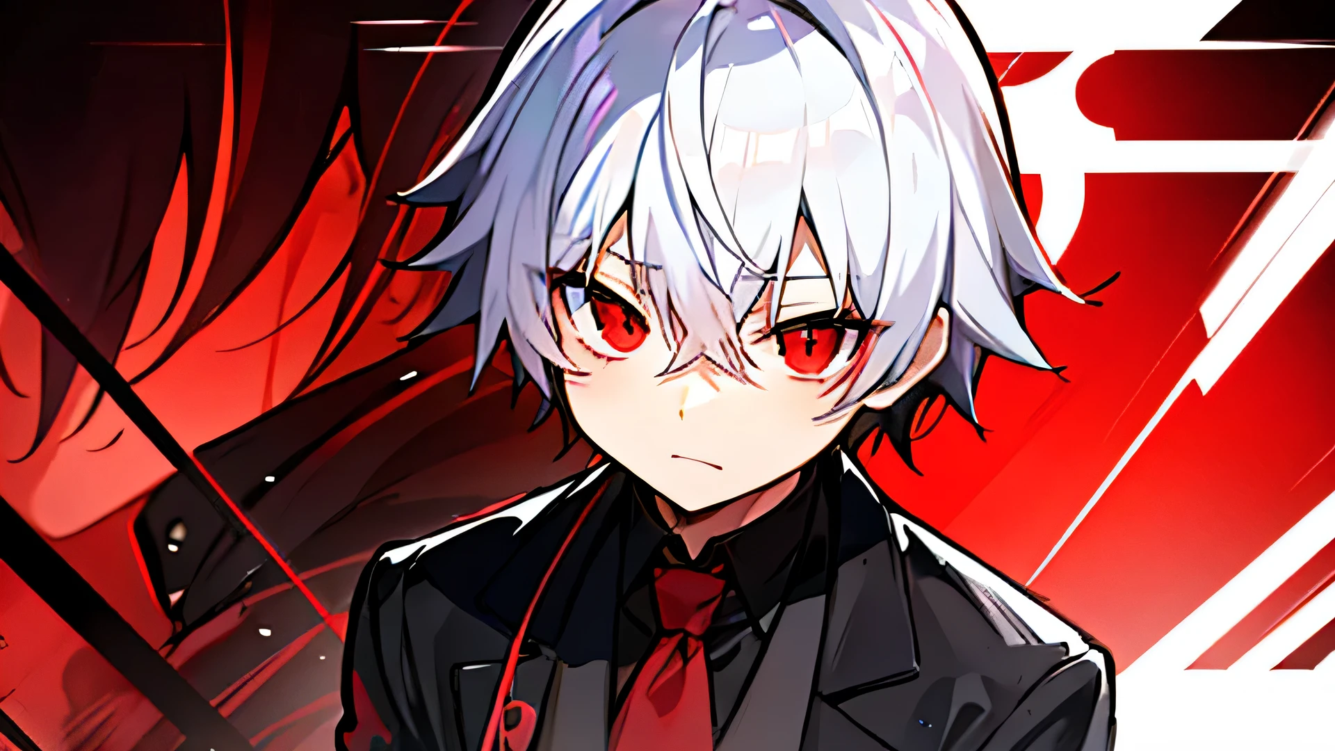 High resolution,close distance、Anime boy with white hair and red eyes stares at camera, glowing red eyes,slim, wearing black clothes,shadow body,colorful background,hair is dirty,yameroyandere, diagonal angle,messy hair