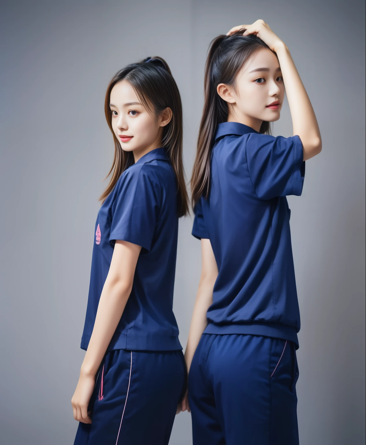 (best quality,10,10,height,Masterpiece:1.2),Special details,(realistic,ภาพrealistic,Realistic photos:1.37),1 Cute girl in the kitchen,shiny, ผิวshiny,only,smile softly,BDclothelue shirt:1.3)),short sleeve,shirt, กางเกงขาlong.,(navy_long_track pants:1.1), ((Kitchen Background)),Dynamic angle,excited,Face focus,dynamic poses,from behind,focus on ass,Masterpiece, best quality, ultra realistic, Too many details, 8k resolution, raw photos, Sharp focus, ((Navy blue shirt:1.1)), short sleeve, เส้นทางlong, perfect body, 2 mature women, 18 years old, Cinema-grade lighting system,blue sweatpants,shirtผ้าออกกำลังกาย,correct anatomy,perfect body, correct body, Sharp face, correct bodyทางกายวิภาค, full body, realistic gestures, long-haired, realistic poses,Wear long shorts...........................,ช่วงขาlong,Good shape,carved girl, Slender figure, model, Good shape, beautiful body,blue sweatpants, two girls kissing