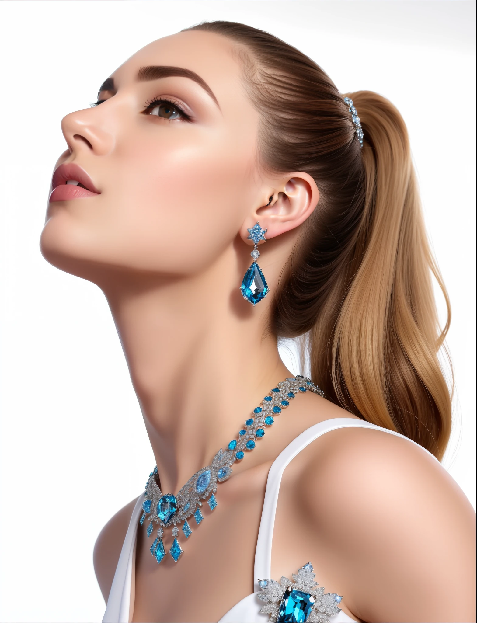 mulher arafada com um colar azul e brincos olhando para cima, joias azuis, estilo chaumet, Sofia Turner, chaumet, Swarovski, Joias Bvlgari, imagem editorial, jewelry, Van Cleef & estilo arpels, sansa, Sofia Turner girl, por Derek Zabrocki, adornos azuis, Swarovski style