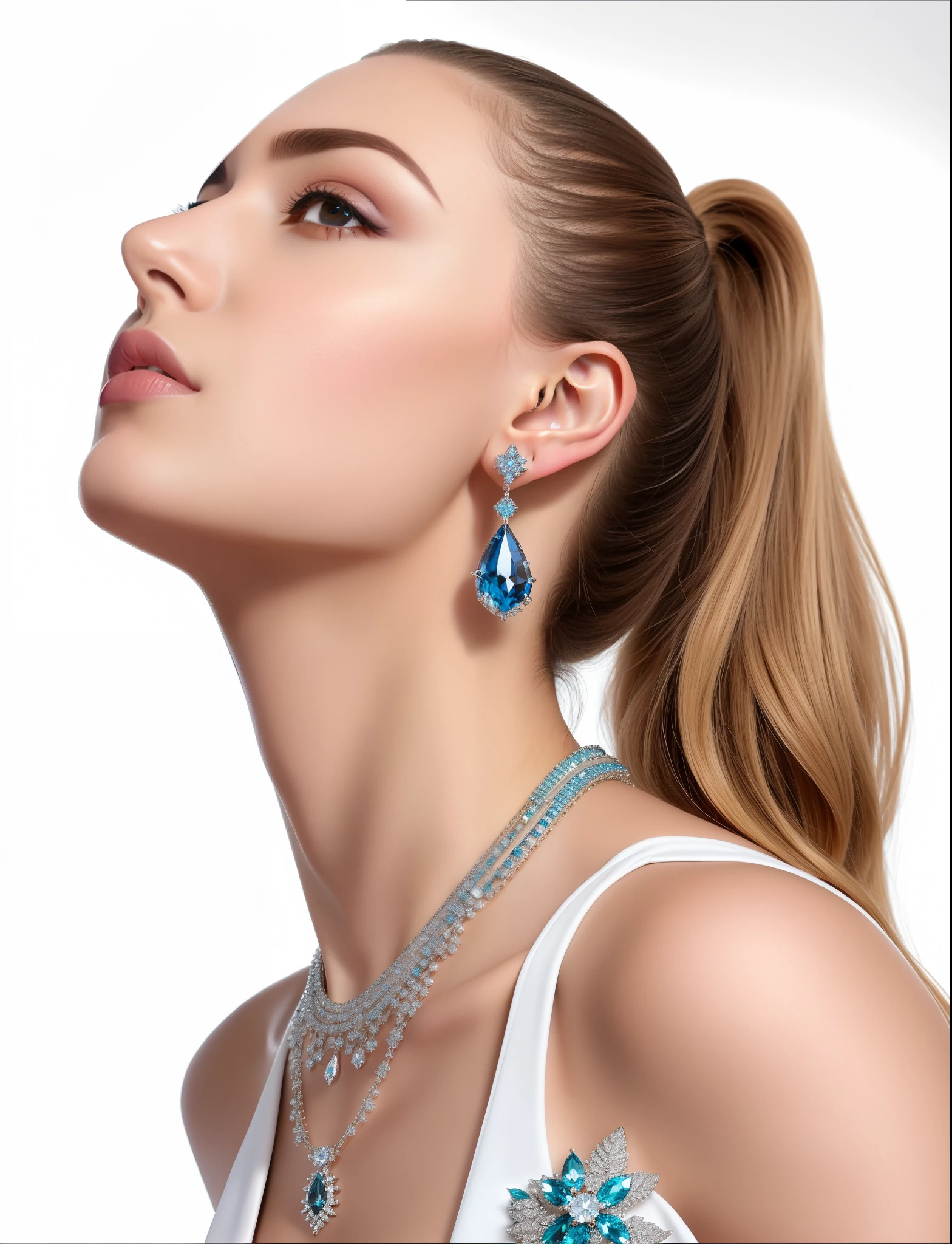 mulher arafada com um colar azul e brincos olhando para cima, joias azuis, estilo chaumet, Sofia Turner, chaumet, Swarovski, Joias Bvlgari, imagem editorial, jewelry, Van Cleef & estilo arpels, sansa, Sofia Turner girl, por Derek Zabrocki, adornos azuis, Swarovski style