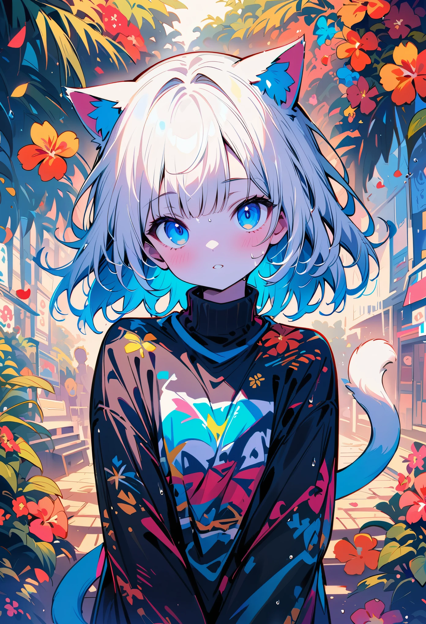 (masterpiece:1.3), (8K、best quality:1.4), (1 girl), (solo), (cute, little:1.5), (very cute face:1.5), (Symmetrical perfect face), (awesome cat ears:1.3), (awesome cat tail:1.3), Create digital artwork in pop art style、ディテールが施されたlong white hairの女の子が特徴です、white skin and beautiful appearance、long white hair、blue eyes、wet hair、((teenage girl、12 years old))、wet underwear、sandy beach、beach side、Street fashion、movie color scheme、Surrounded by vintage floral motifs、vivid brush strokes、Emotions must be dynamic、Upper body、drawing、figure、grayscale、tropical、lots of flowers、