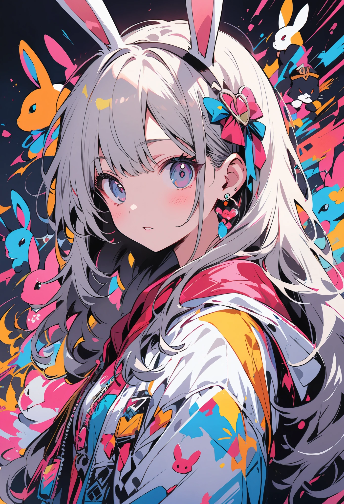 Create digital artwork in pop art style、Features a detailed bunny girl、Street fashion、movie color scheme、Surrounded by vintage rabbit motifs、vivid brush strokes、Emotions must be dynamic、Upper body、drawing、figure、grayscale、tropical、lots of rabbits、