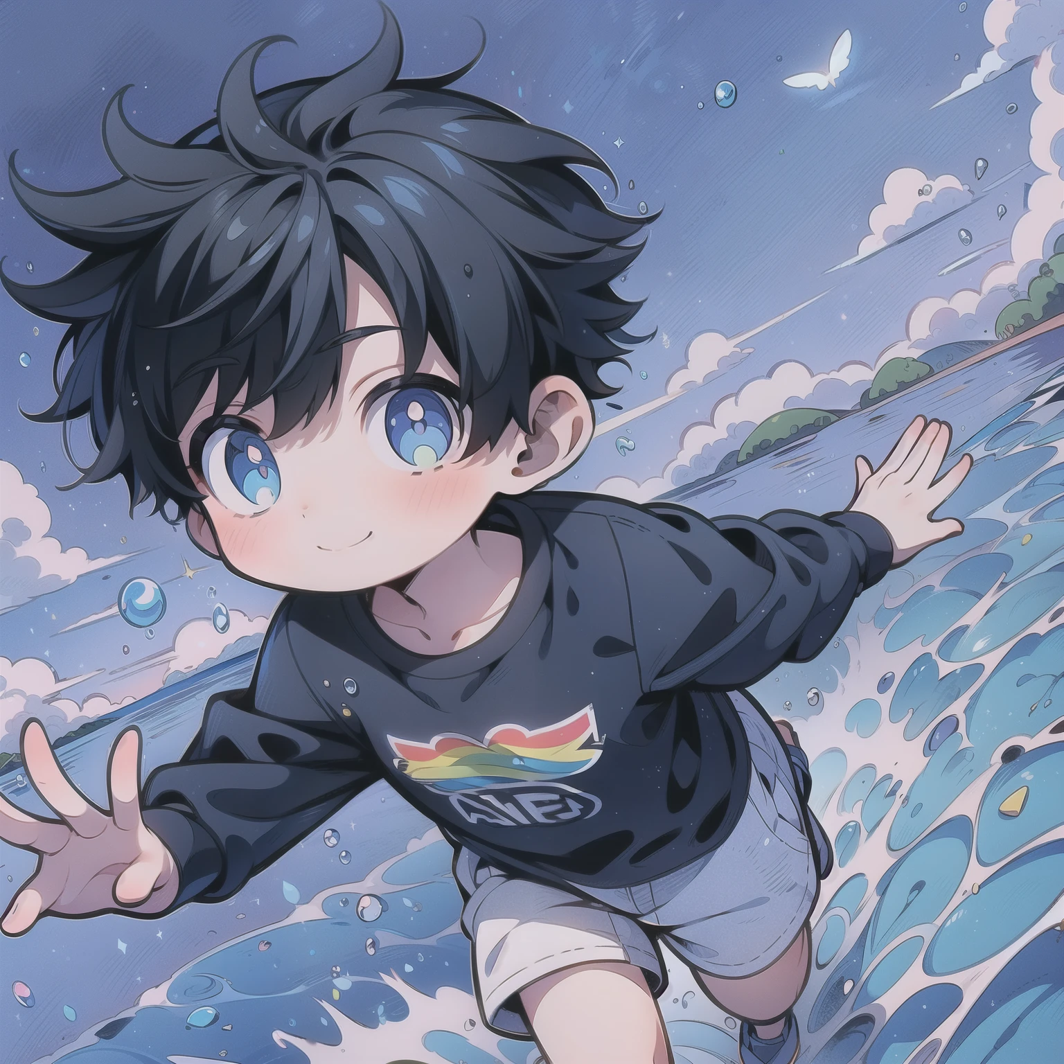 a little boy,smiling happily,Big eyes and small nose,Running happily by the river,high-definition,4k, OC rendering,high-definition,Bubbles,There are rainbows in the sky,There is a small mountain in the distance,short sleeves,shorts