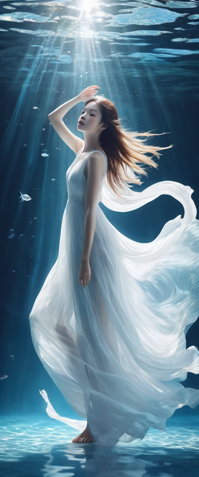 light blue and white details，如同奇幻surreal夢境，Take us into forgotten time and space。The exquisite bell tower stands amid the spectacular scenery，Shining with the magic of fusion。This is a stunning picture，it&#39;just like us&#39;In a mysterious world。pure white room，filled with clear water，Bright sunlight shines into the room，Project iridescent water lantern，twilight ray，A barefoot girl in white pajamas with her back to the camera，There is a huge pure white transparent betta fish:1.2，Large fins spread into smoke.Their colors and gestures add a fair touch to nature. super detailed.,clear pattern,fair,artwork,masterpiece,Carefully crafted by masters，lifelike、Highly detailed digital art，fantasy art behavior，surreal