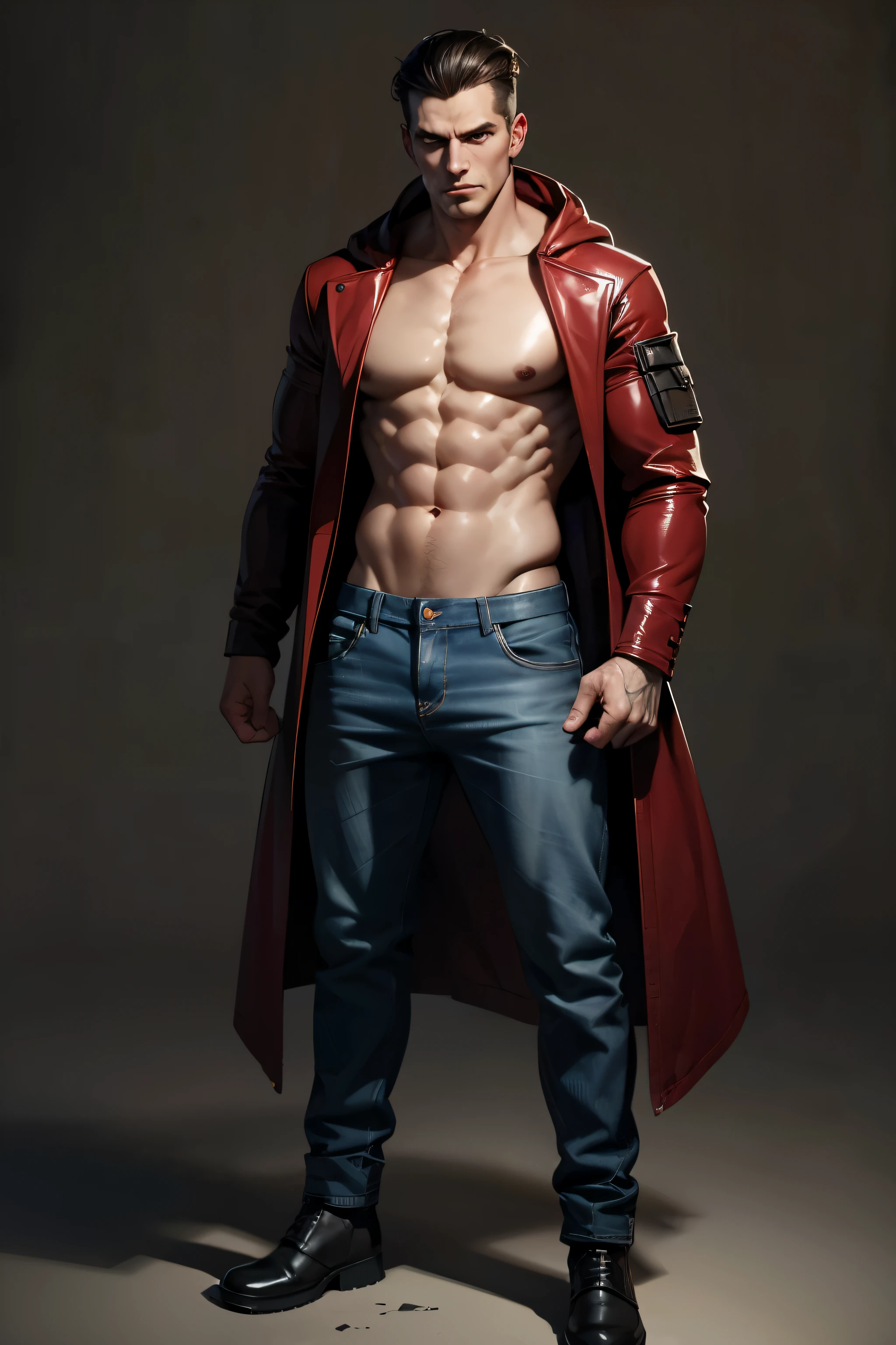 Height 180cm,Weight 81kg,28 year old young white male,black american thorn front hairstyle,blood red eye color,Handsome looking,Facial features are very tough,There is some stubble on the chin,There is a purulent wound on the neck.,Scars extending to the jawline。Angry and intense expression,Muscles throughout the body are strong and strong,,Wearing a hoodie underneath,Wearing a coat to go out,wearing jeans,Wear Gaobang tactical Martin boots on your feet,The overall clothing is mainly red and black,actual,No background,character concept,Unreal Engine,HD,超actual,detail,full body pictures,stand up straight,t,posture,clear facial features,Slightly baggy jeans,Stand facing the camera,The picture is symmetrical,wearing underwear,clear facial features