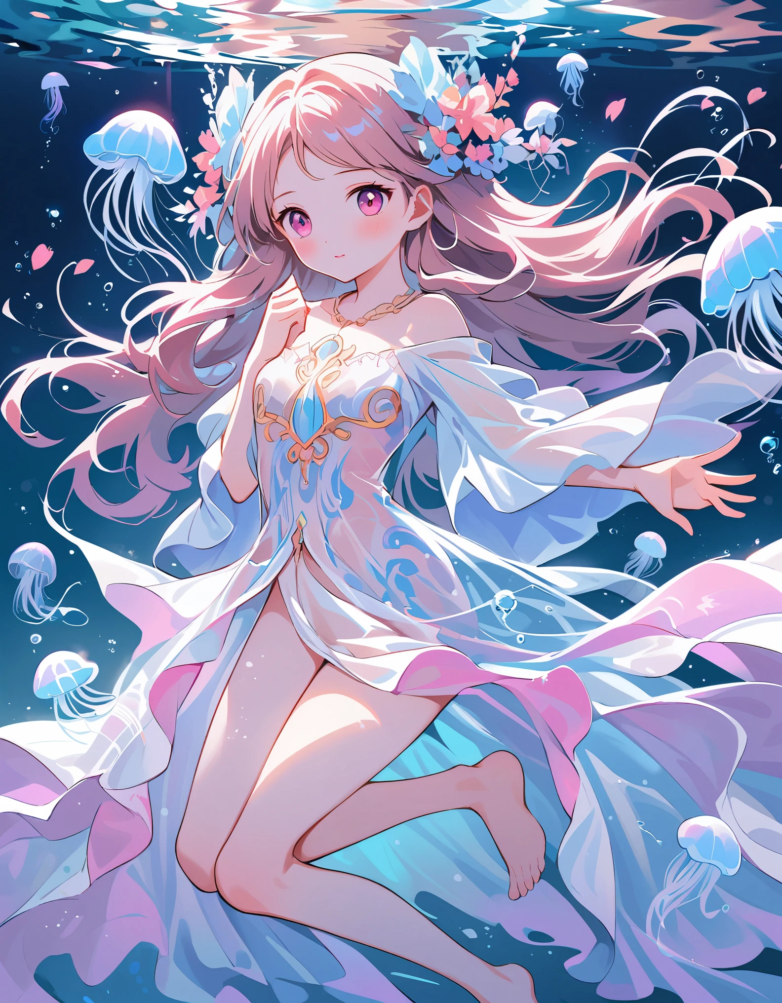 (girl with jellyfish motif:1.3), (flowing translucent dress:1.2), (luminous glow:1.3), (long wavy hair resembling tentacles:1.2), (delicate and graceful movements:1.3), (underwater ambiance:1.2), (floating effortlessly:1.2), (soft pastel colors:1.1), (ethereal beauty:1.3), (surrounded by small jellyfish:1.2), (gentle expression:1.1), (reflective eyes like deep sea:1.2), (barefoot with delicate feet:1.0), (ambient bubbles around:1.1), (mysterious aura:1.2), nsfw