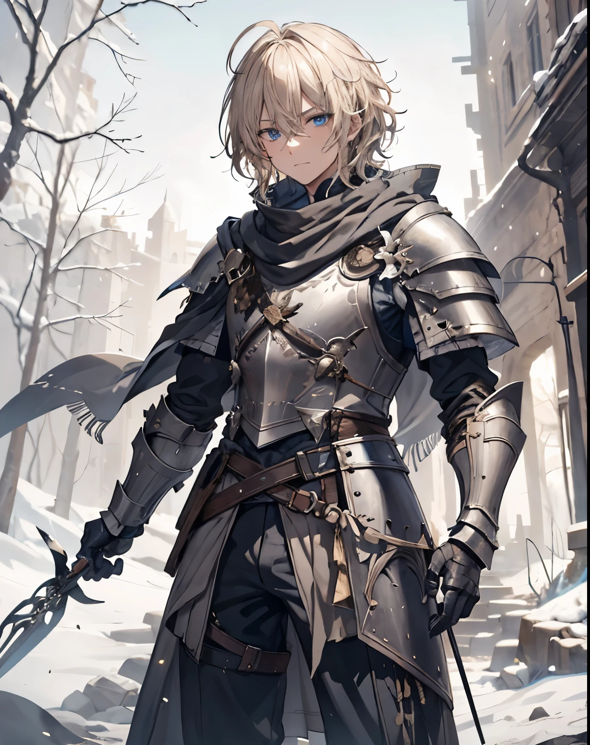 masterpiece, 1men, sparrow, a blonde haired men, wearing a black medieval armored knight, curly short hair, messy hair, slim body, wearing knight clothes, he close her left eye, shirt ornament, angry expression, blue eyes, stand at snowy forest, ahoge, grey vest, shawl, full armor, bring big shield in his back, beautiful eyes, handsome