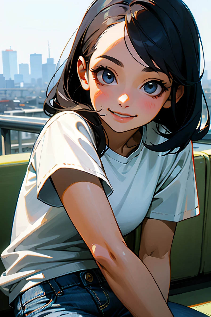 highest quality, realistic, 8K, High resolution;, 1girl, girl, rich, (urban landscape background:1.6)), skinny denim、 white t-shirt), head looking straight at viewer:1.8, (目ほどの長さの髪で観客を見つめるgirl, black hair、 parted bangs:1.65), realistic, smile、beautiful white teeth、 rich,(whole body), gravure, sneakers