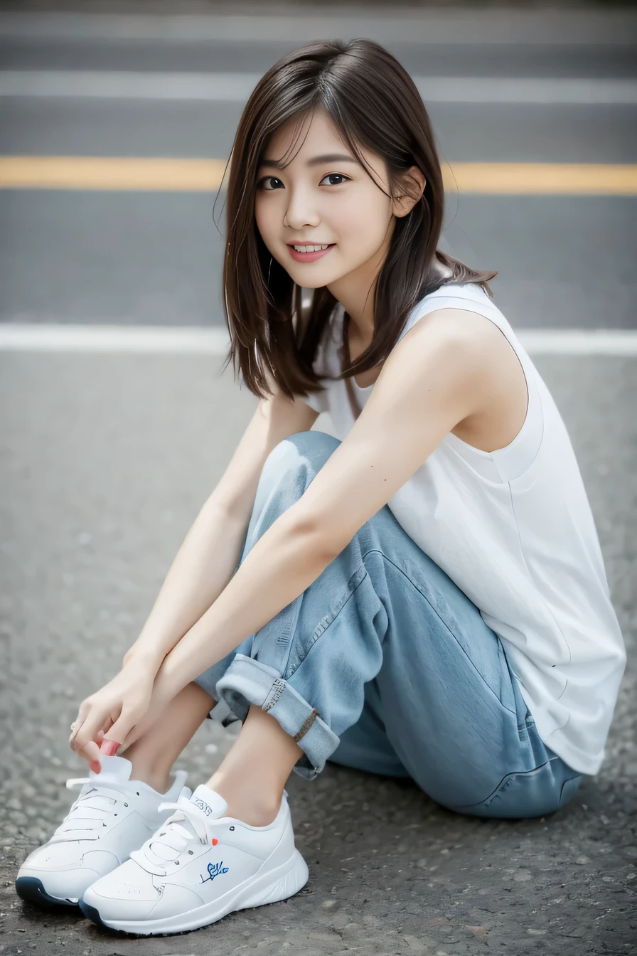 highest quality， realistic， 8K， High resolution;， 1girl， girl， rich， （urban landscape background：1.6））， skinny denim、 white t-shirt）， head looking straight at viewer：1.8， （目ほどの長さの髪で観客を見つめるgirl， black hair、 parted bangs：1.65）， realistic， smile、beautiful white teeth， rich，(whole body), gravure, sneakers