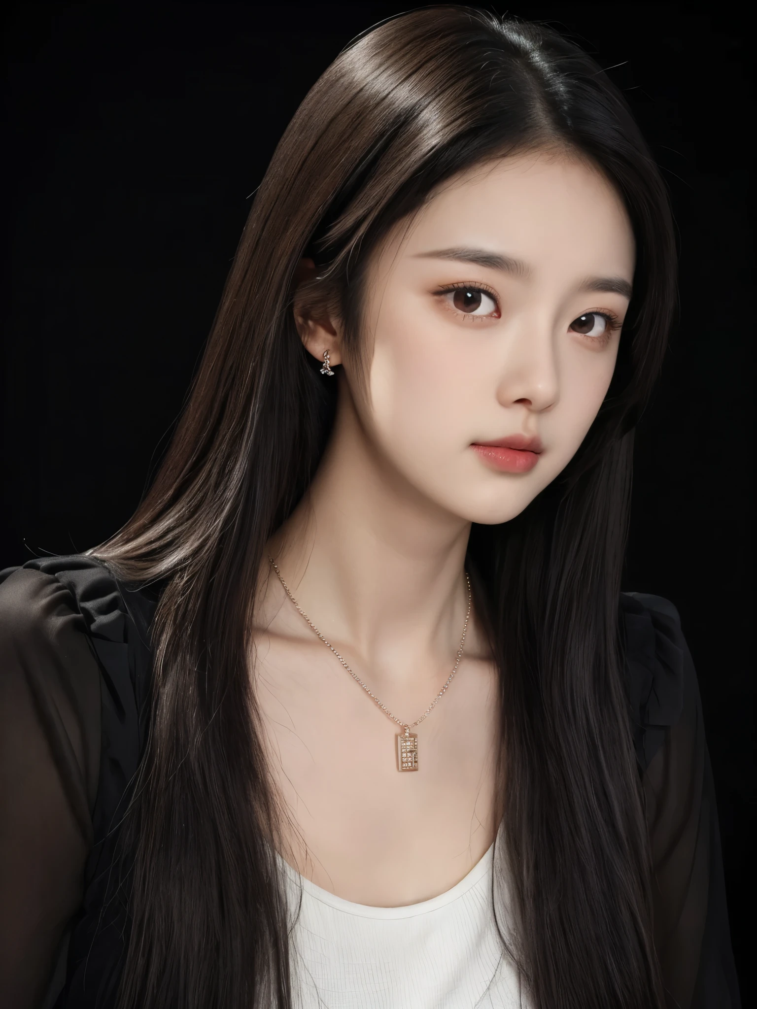 Round face,Kawaii,1girl,solo,jewelry,realistic,necklace,long hair,black hair,looking at viewer,simple background,lips,brown eyes,portrait,closed mouth,(black background:1.3),