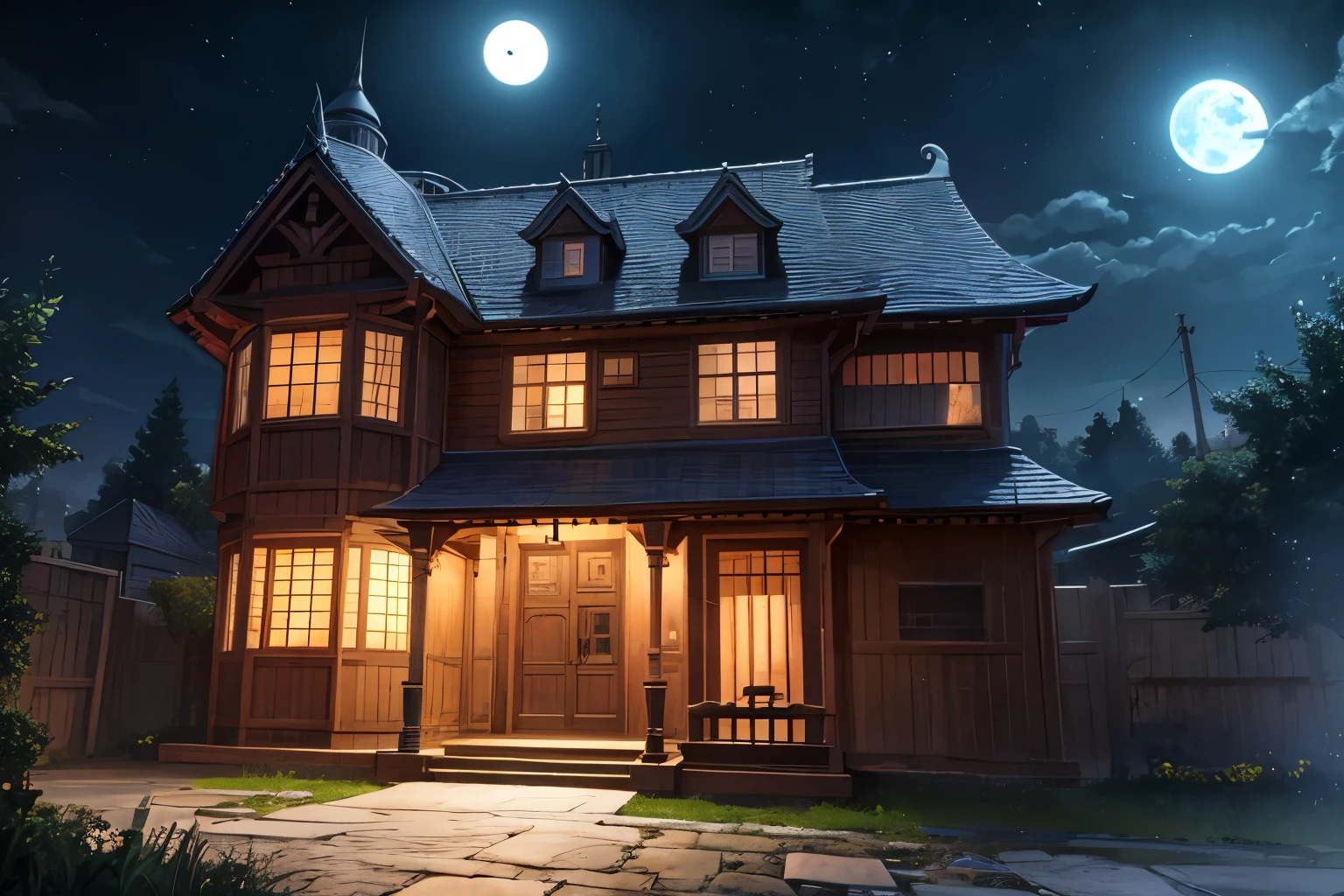 Horror game mansion、Wooden Door、night、moonlight、