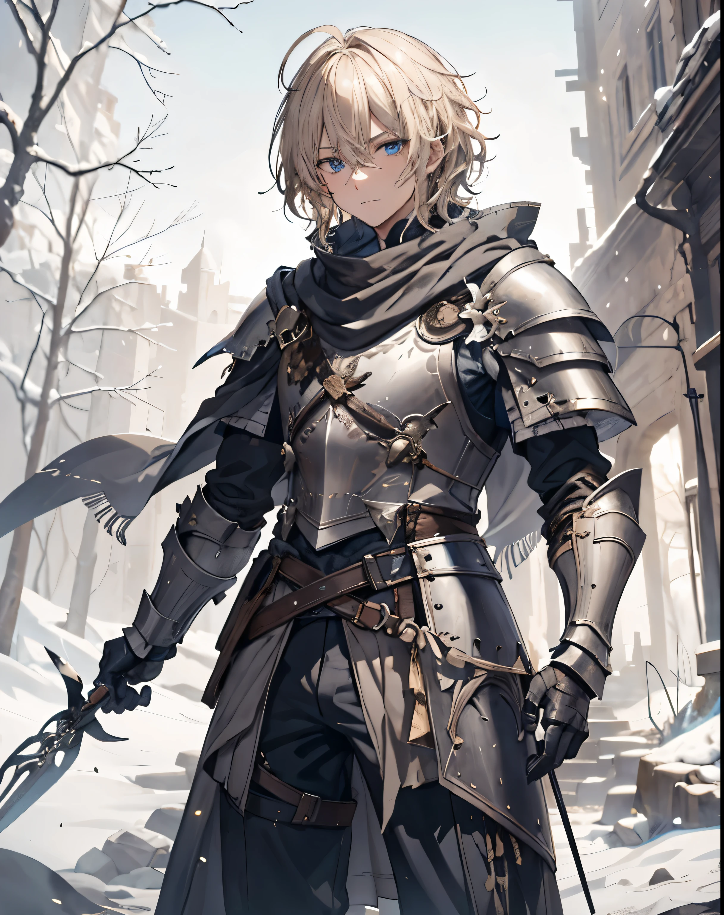 masterpiece, 1men, sparrow, a blonde haired men, wearing a black medieval armored knight, curly short hair, messy hair, slim body, wearing knight clothes, he close her left eye, shirt ornament, angry expression, blue eyes, stand at snowy forest, ahoge, grey vest, shawl, full armor, bring big shield in his back, beautiful eyes, handsome