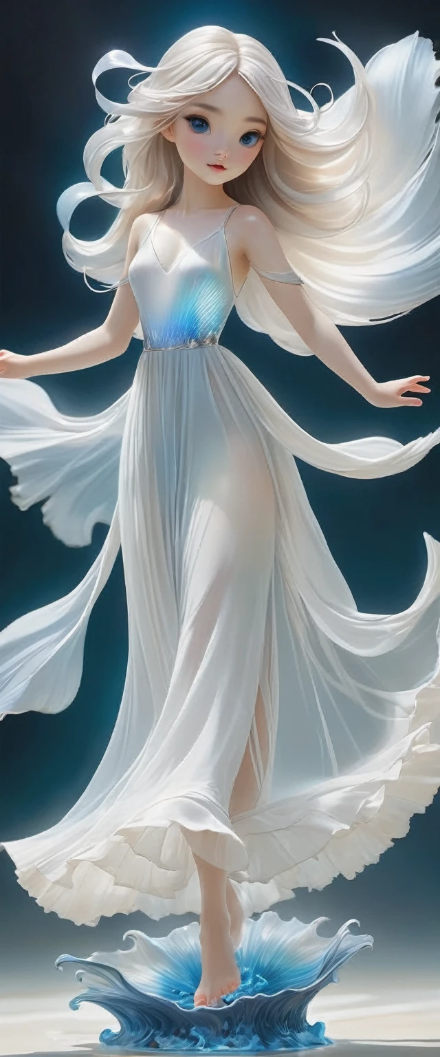 light blue and white details，如同奇幻surreal夢境，Take us into forgotten time and space。The exquisite glass house stands amid the spectacular scene，Shining with the magic of fusion。This is a stunning picture，It&#39;s like we&#39;re in a mysterious world。A pure white and clear room，full of clear water，The bright sunshine shines in the room，Projects Iridescent water light，Crepuscular Ray，A barefoot girl in a white flowing gauze dress dances towards the camera，There is a huge pure white transparent betta fish:1.2，Large fins spread into smoke.Their colors and gestures add a beautiful touch to nature. super detailed.,clear pattern,beautiful,artwork,masterpiece,Realistically crafted by masters、Highly detailed digital art，fantasy art behavior，surreal