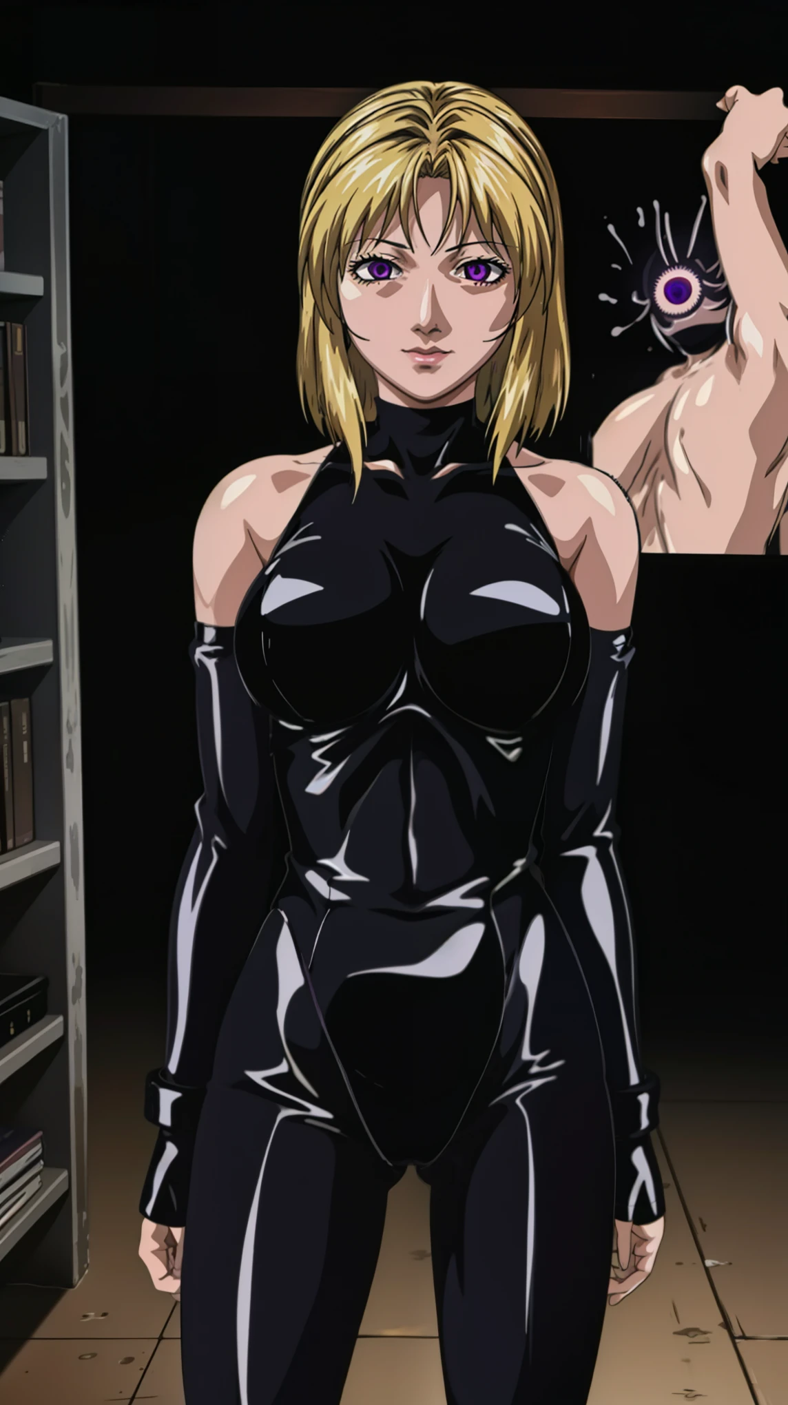 1 girl,NSFW,Kitami Reika, (black bible),blonde, clavicle, absurd, brainwashing,Combatant, empty eyes,((purple glowing eyes 1.5)), huge breasts , fearless smile,(black latex tight bodysuit),avert your eyes , whole body shape, ((stand up, salute)),(highest quality、4k、8K、High resolution、must have:1.2)、Super detailed、(reality、reality的なです、reality的な:1.37)、ticker、hyper hd、studio lighting、ultra definition paint、sharp focus、Physically based rendering、extreme details、Professional specifications、vibrancy and color、blurry、sports portrait、landscape、horror style、anime big breasts、SF、photograph、concept artist、five fingers, perfect body, {{{masterpiece}}}, {{{highest quality}}}, {{Super detailed}}, {shape}, {{very delicate and beautiful}},Improved cost performance、all roles、Canon 5D MK4でphotograph、photograph,