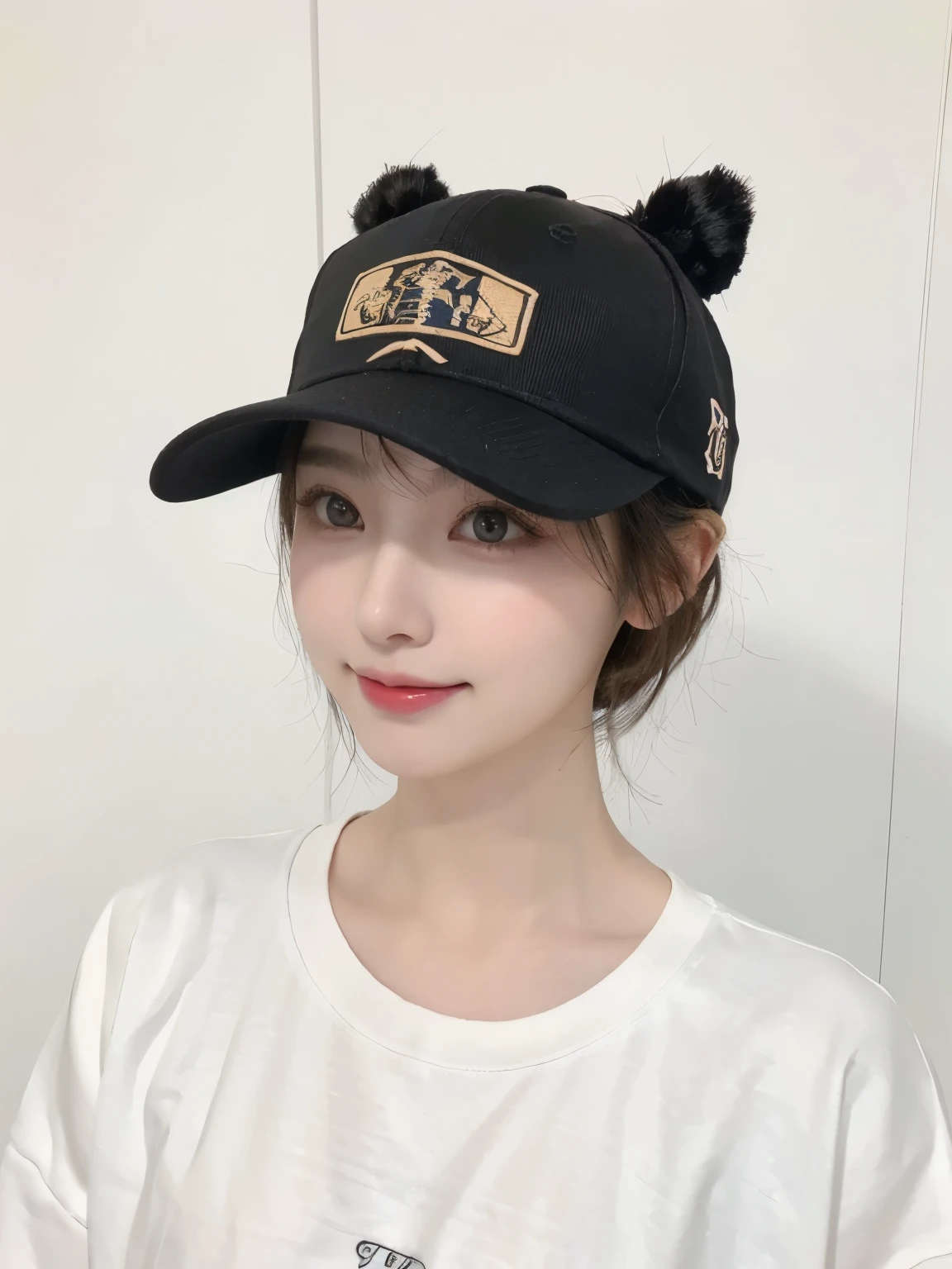 Best image quality、original photo、ultra high resolution、21 years old Korean、small breasts、dynamic angle、Cowboy shooting、The most beautiful form of chaos、elegant、Innovative design、bright colors、,light brown short hair、disheveled hair、light brown eyes 、black baseball cap(表情Smile)、short bob、Smile、Fair and shiny skin、beautiful eyes，random colors、The details are very beautiful、thin lips、细致beautiful eyes、elongated eyes、pale pink cheeks、long eyelashes、beautiful double eyelids、eye shadow、he、White big T-shirt sweatshirt、baggy pants、Shot from the side、sexy pose、enlarge