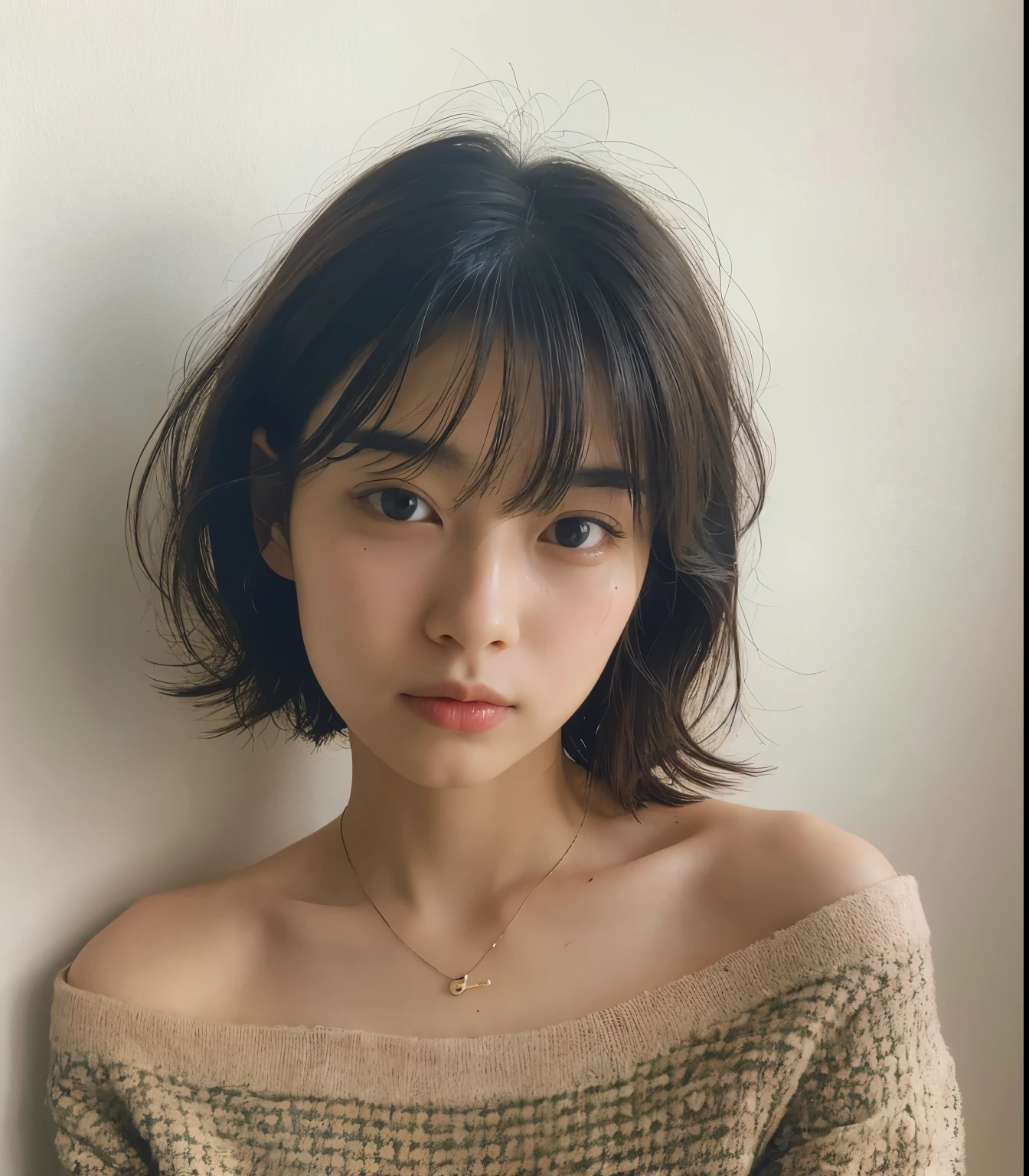 (very realistic photo, concentrated、High resolution, detailed face, fine eyes), ((Taken in front of a white wall))、japanese woman, 20-year-old, various expressions, Upper body、alone:1, slim body shape, various hairstyles,Sheer black long sleeve top、Only one person is in the photo、Photographed in natural light、simple necklace、bob hair、shortcut、looking at the camera