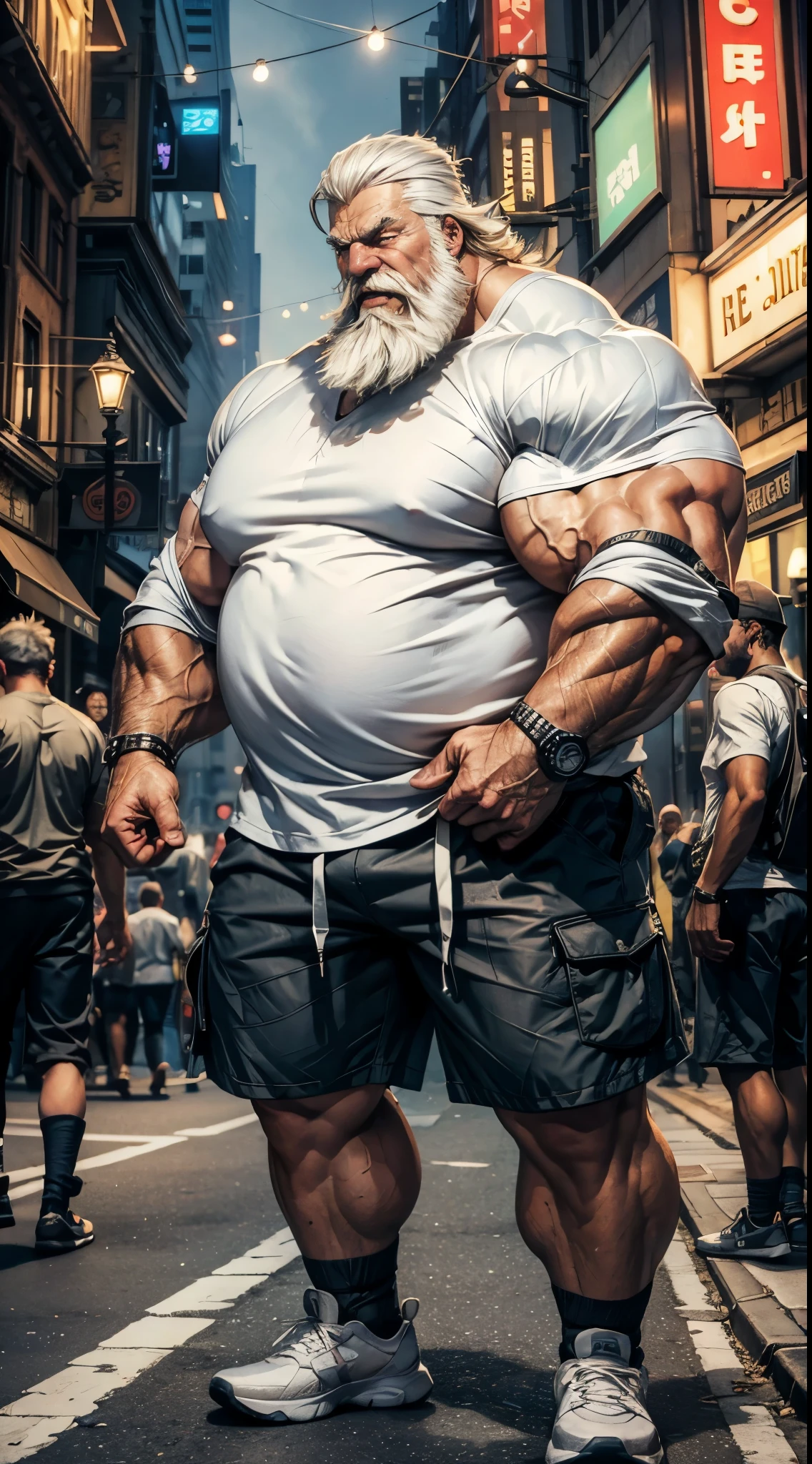 chubby old man in nigh street city (wearing white shorts and shirt, shoes), hyper muscle, hyper muscular, hyper pec, hyper pectoral, absurdly muscular, absurdly muscle size, flare lights, bur background, old man, thick arm, huge arm, bearded. White hair and long beard, bearded, muscular, pectoral, wide pectoral, large pectoral, realistic, 8k, masterpiece, 